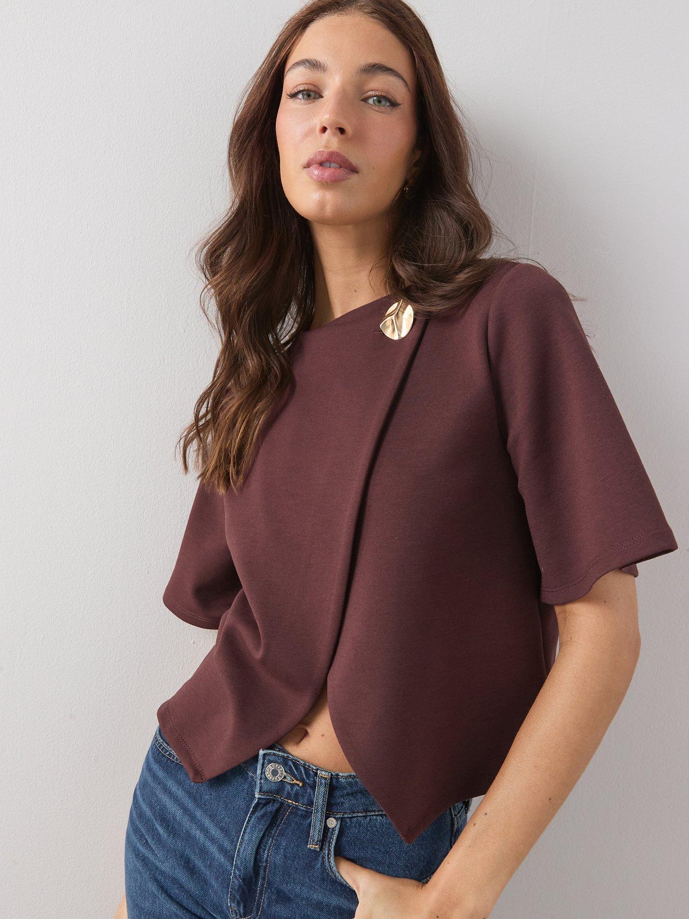 Image 1 of 6 of The Very Collection Button Wrap Short Sleeve Boxy Top - Brown