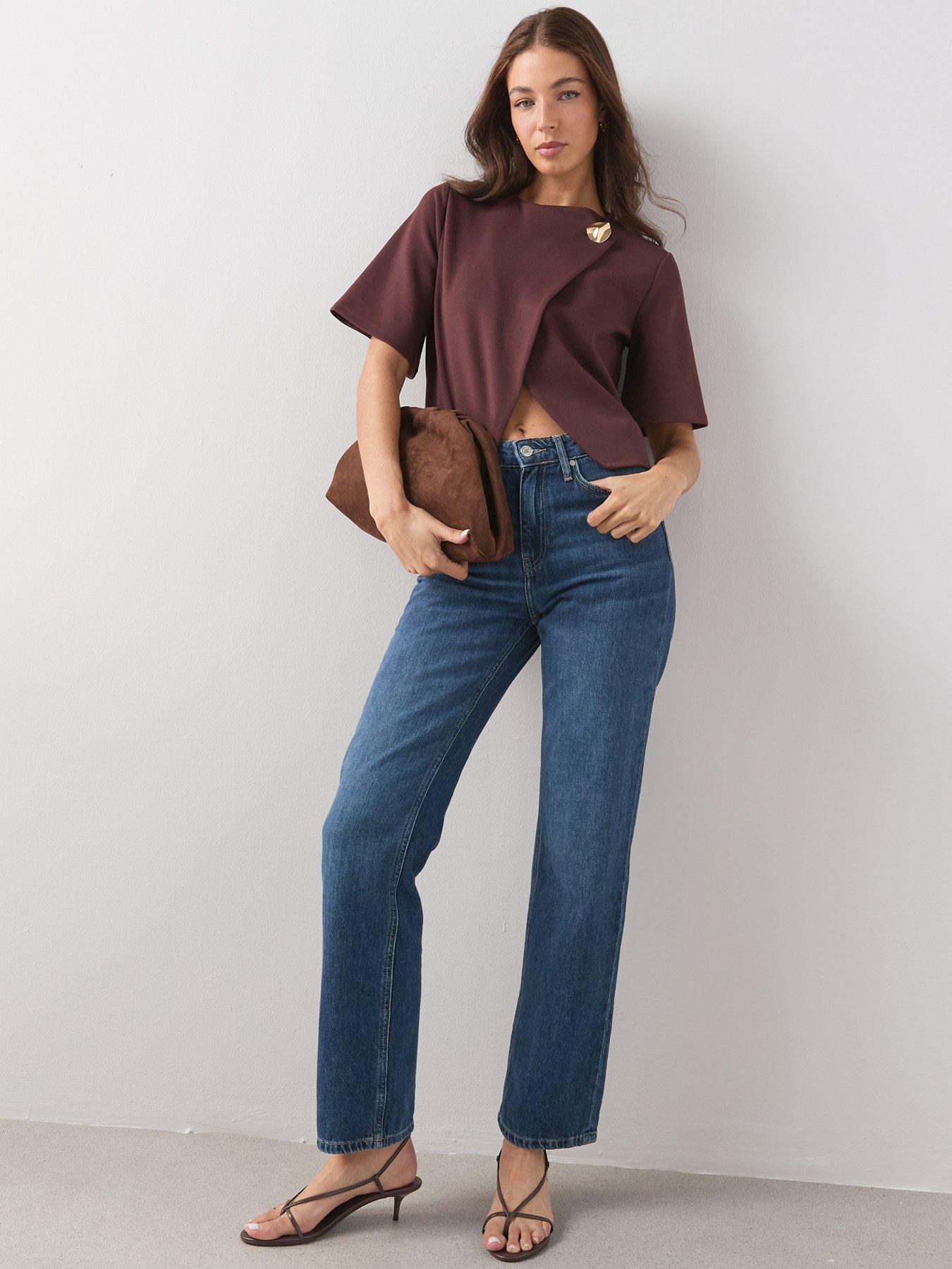 Image 3 of 6 of The Very Collection Button Wrap Short Sleeve Boxy Top - Brown