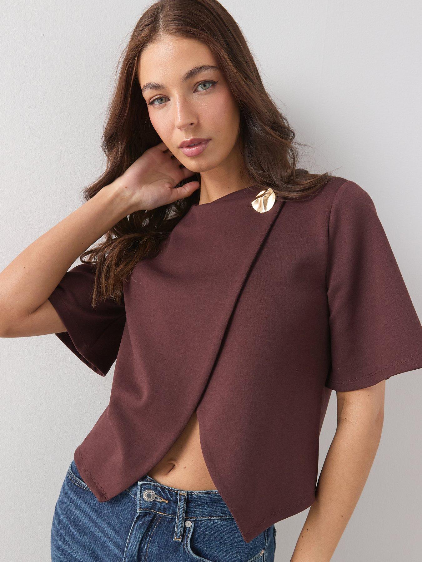 Image 6 of 6 of The Very Collection Button Wrap Short Sleeve Boxy Top - Brown