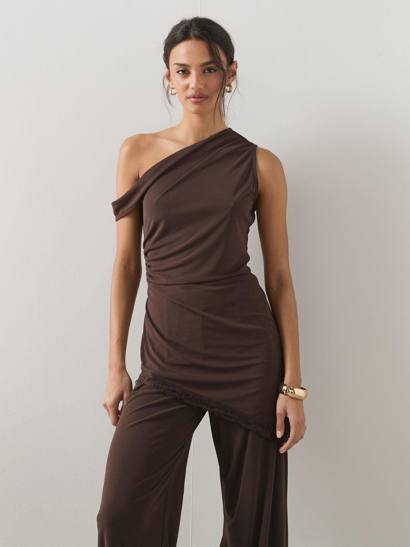 the-very-collection-off-shoulder-longline-asymmetric-top-co-ord-brown