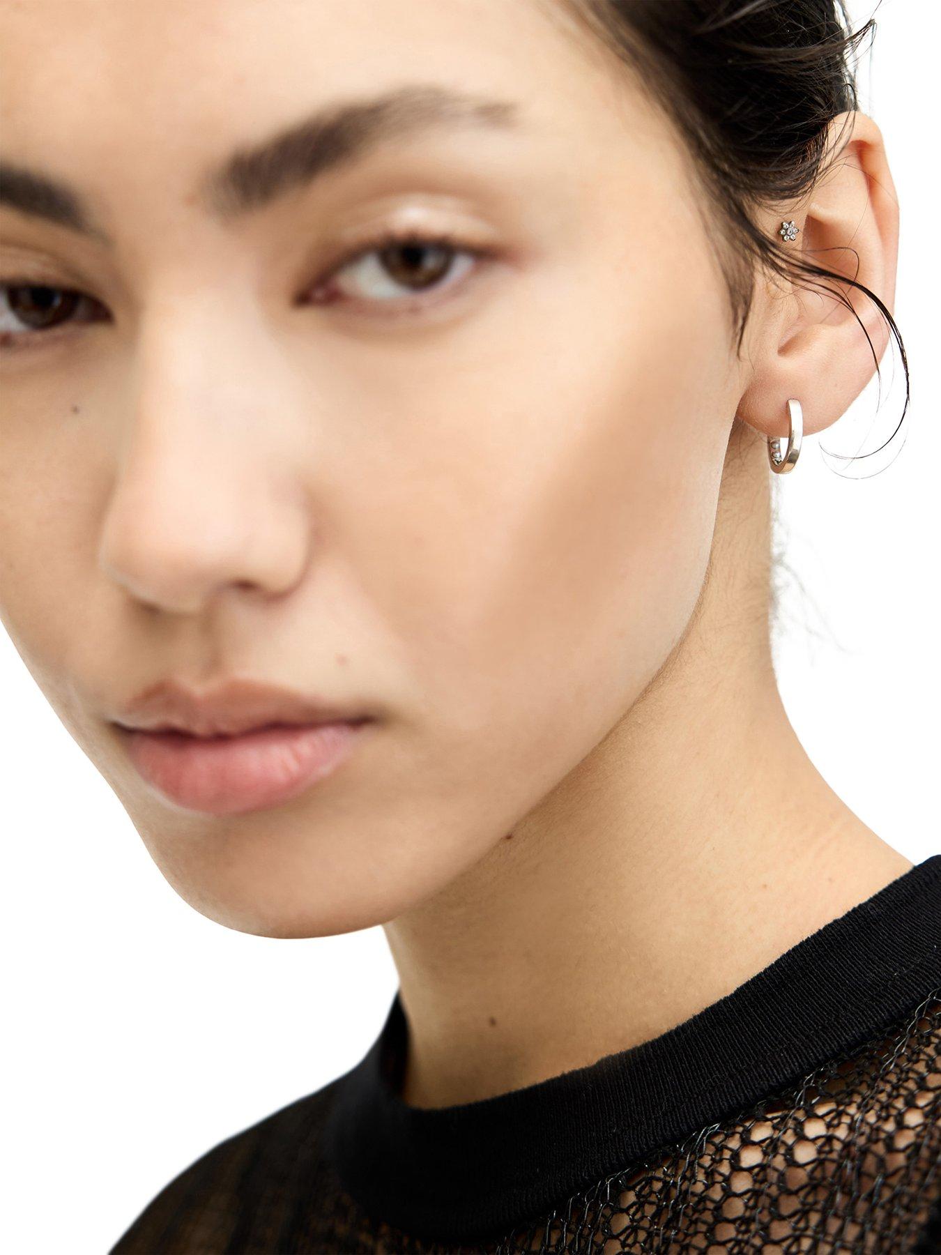 Image 2 of 4 of AllSaints Pearl Hoop 2-Pair Earrings Set - Silver