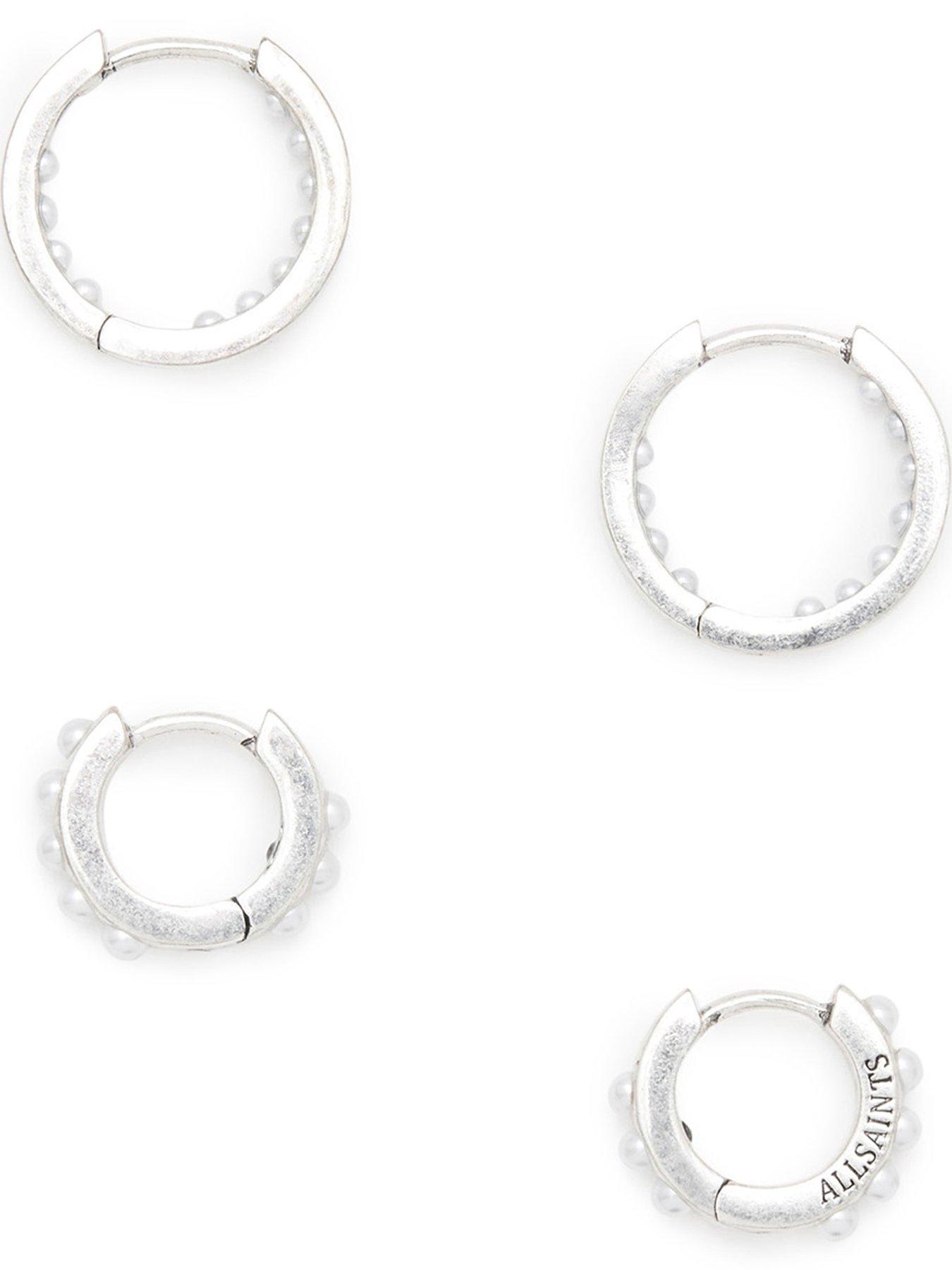 Image 3 of 4 of AllSaints Pearl Hoop 2-Pair Earrings Set - Silver