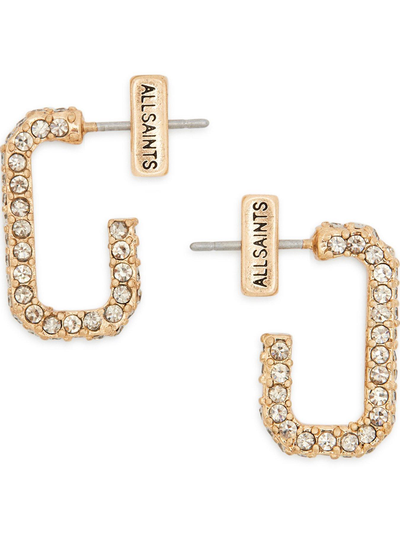 Image 1 of 4 of AllSaints Brass Pave Hex Rectangle Huggie Earrings - Gold