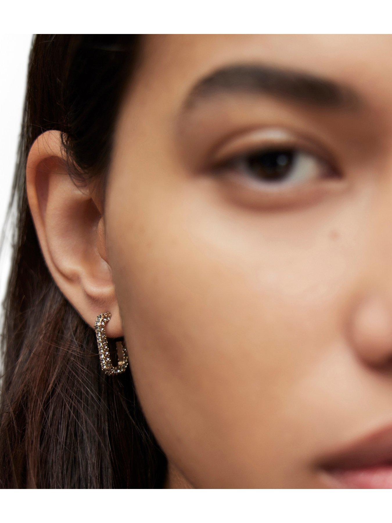 Image 2 of 4 of AllSaints Brass Pave Hex Rectangle Huggie Earrings - Gold