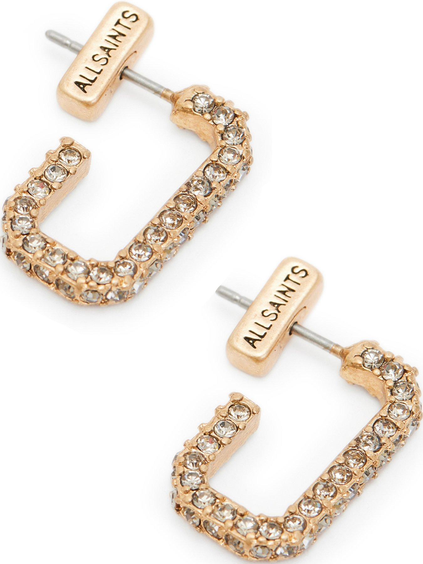Image 3 of 4 of AllSaints Brass Pave Hex Rectangle Huggie Earrings - Gold