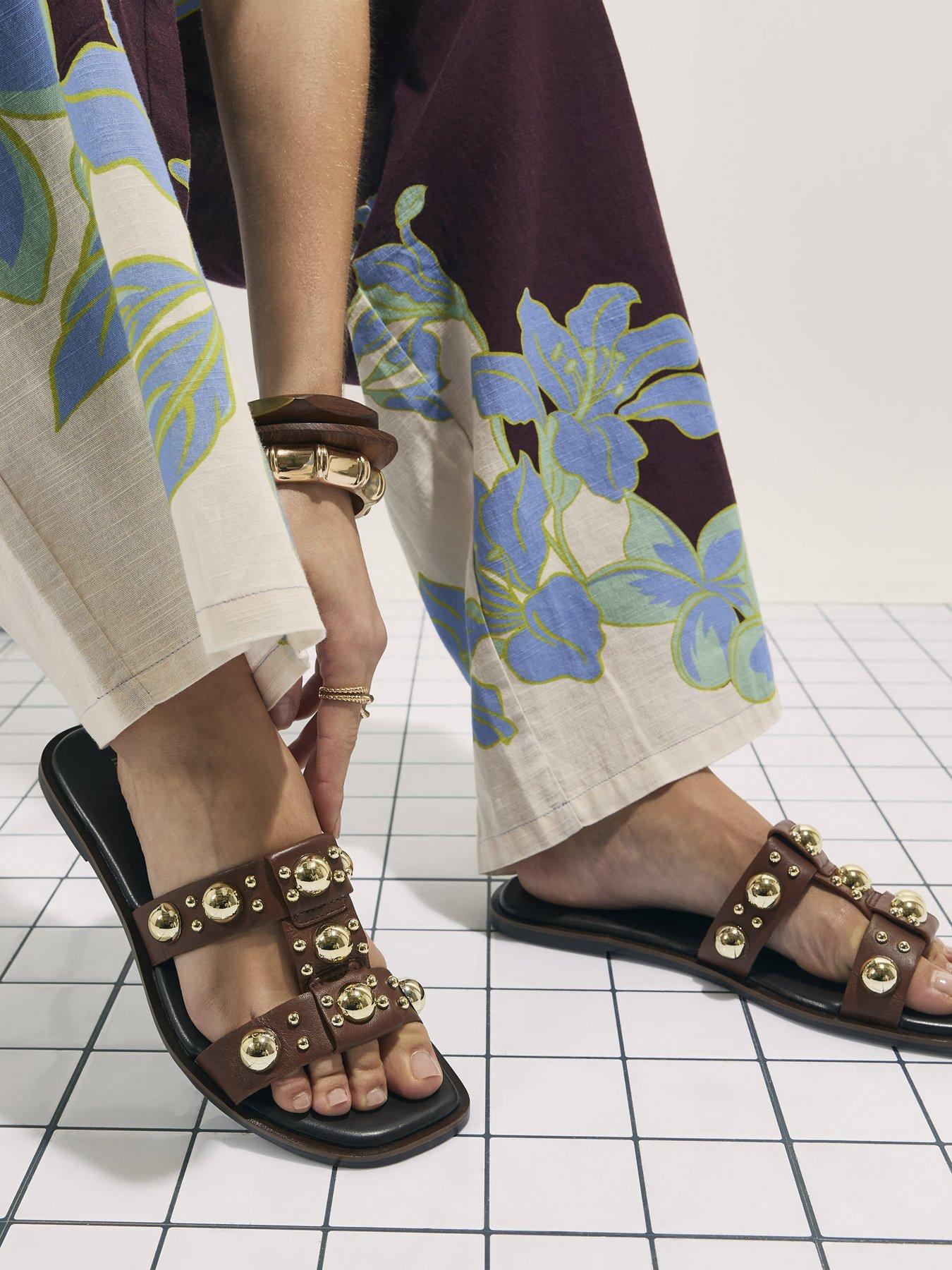 River Island T Bar Studded Flat Sandal - Brown