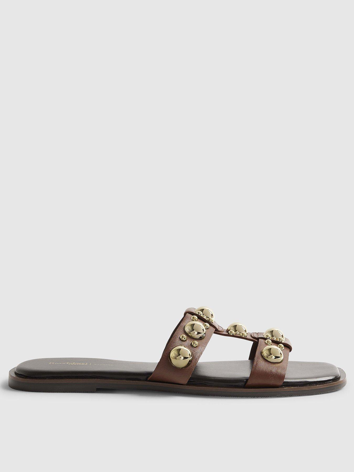 Image 2 of 6 of River Island T Bar Studded Flat Sandal - Brown