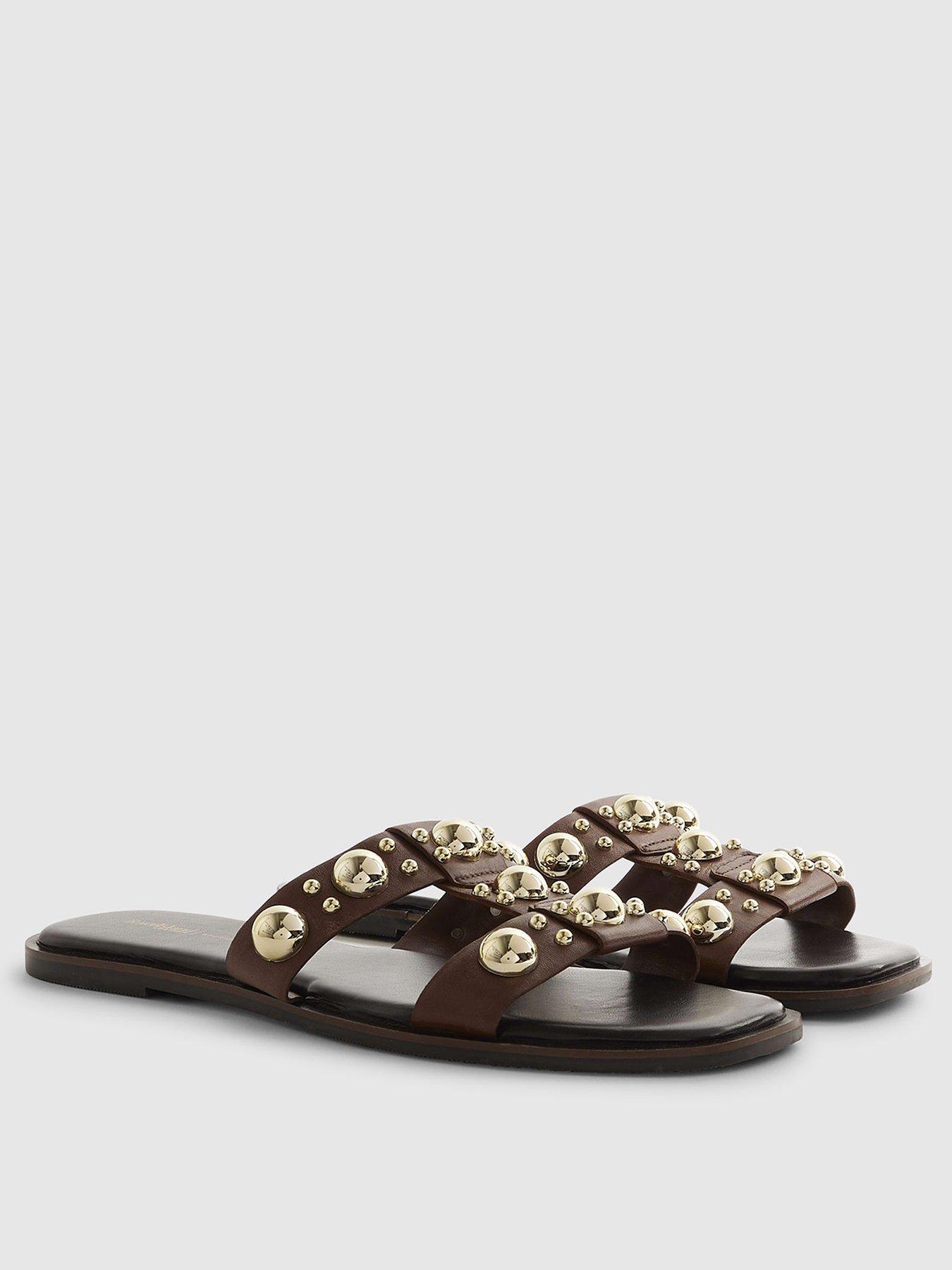 Image 3 of 6 of River Island T Bar Studded Flat Sandal - Brown
