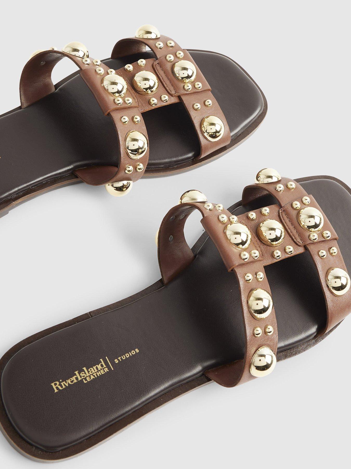 Image 6 of 6 of River Island T Bar Studded Flat Sandal - Brown