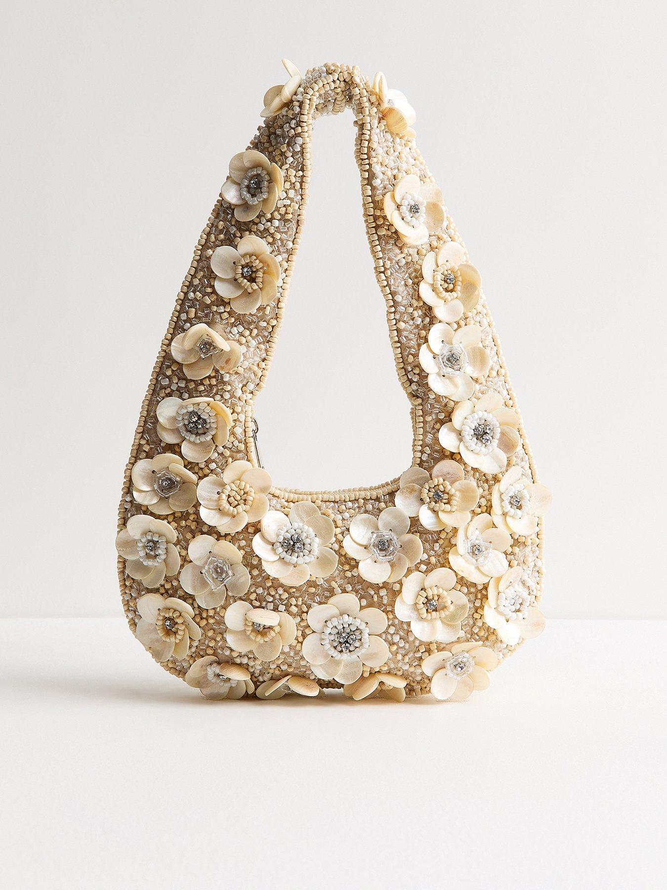 New Look Flower Shell Beaded Grab Bag - Cream