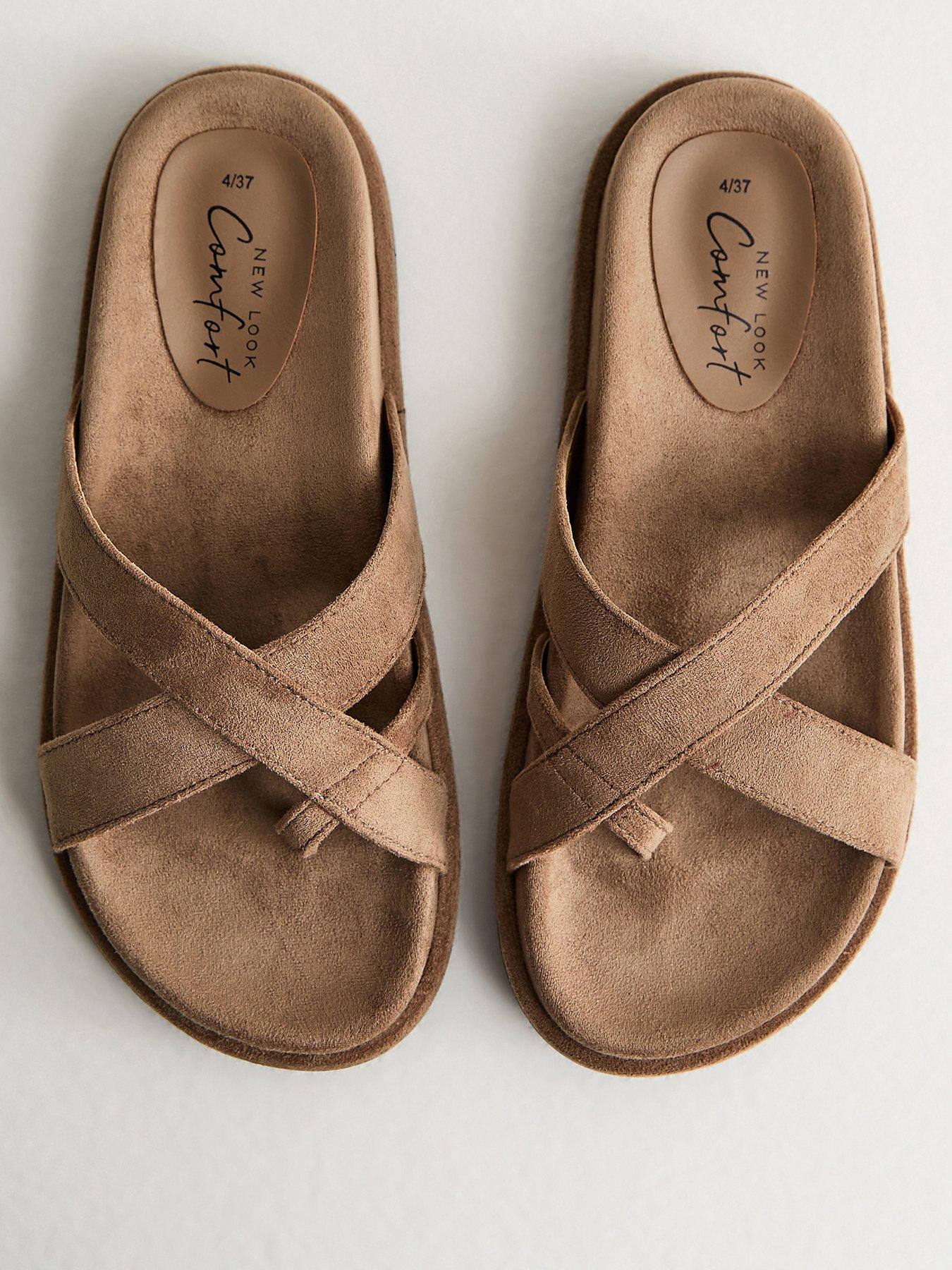 Image 3 of 5 of New Look Light Brown Faux Suede Toe Loop Flat Sandals