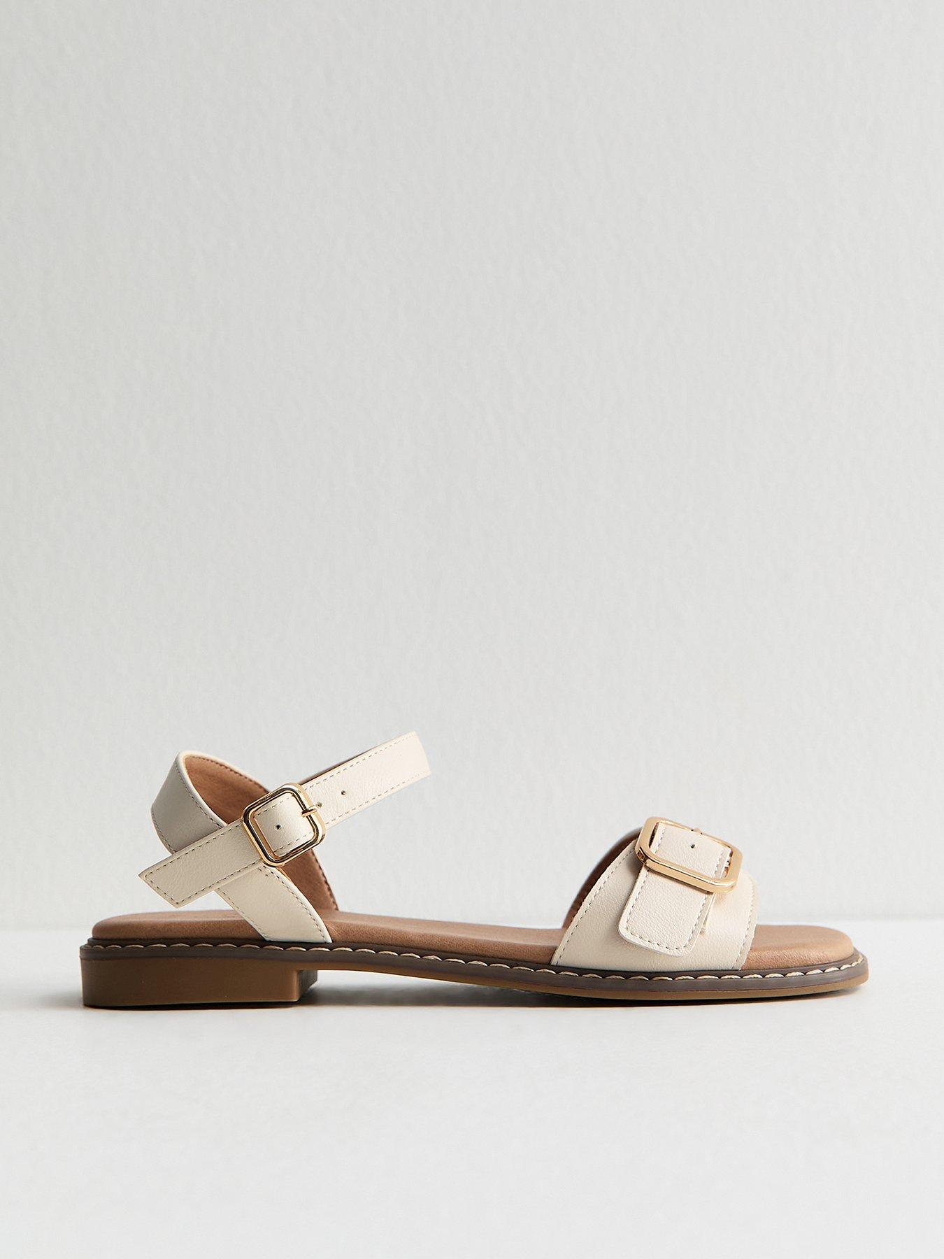 Image 1 of 5 of New Look Buckled Strap Faux Leather Sandals - White
