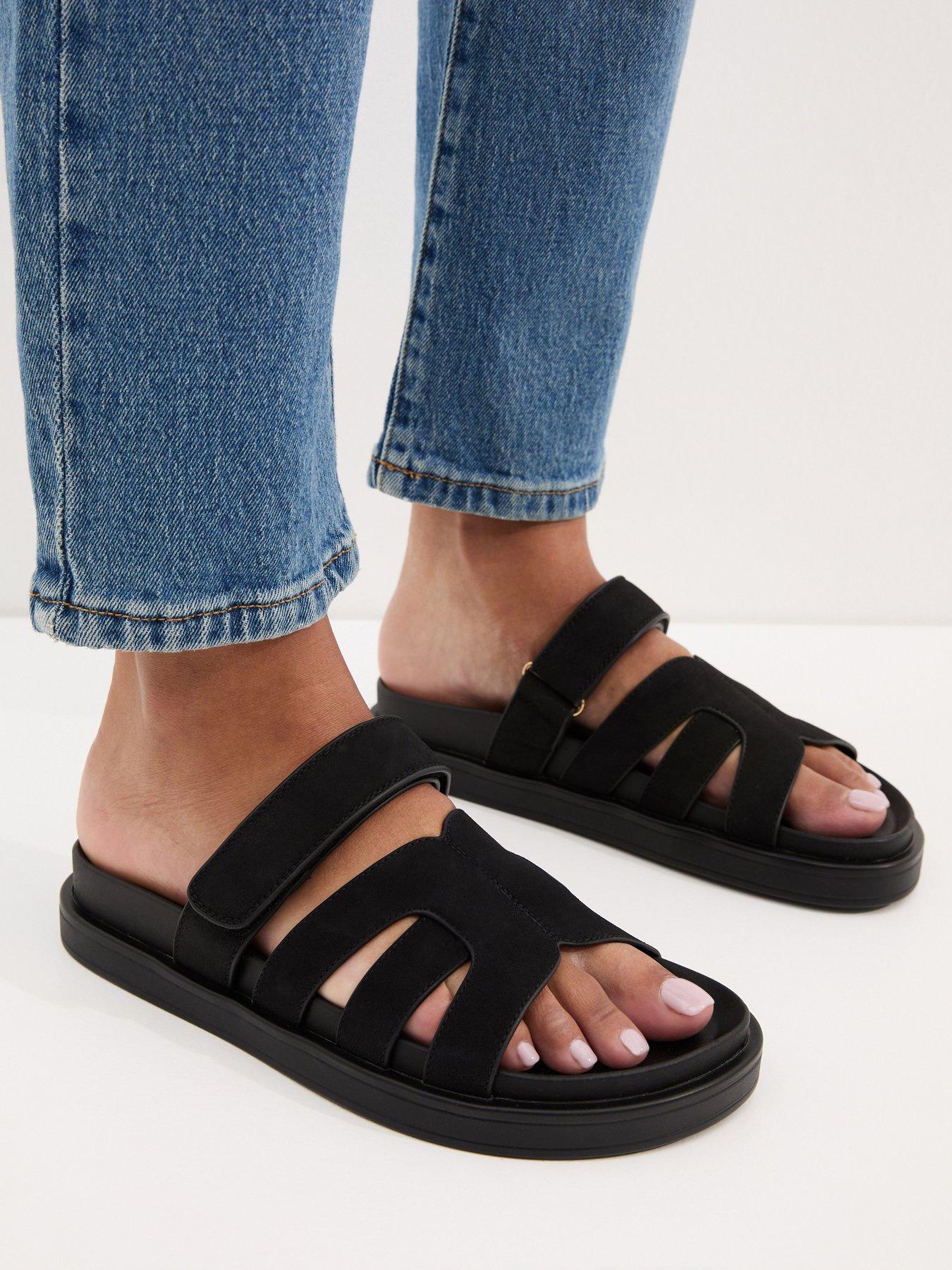 Image 1 of 5 of New Look Faux Suede Chunky Interwoven Strap Flat Sandals - Black