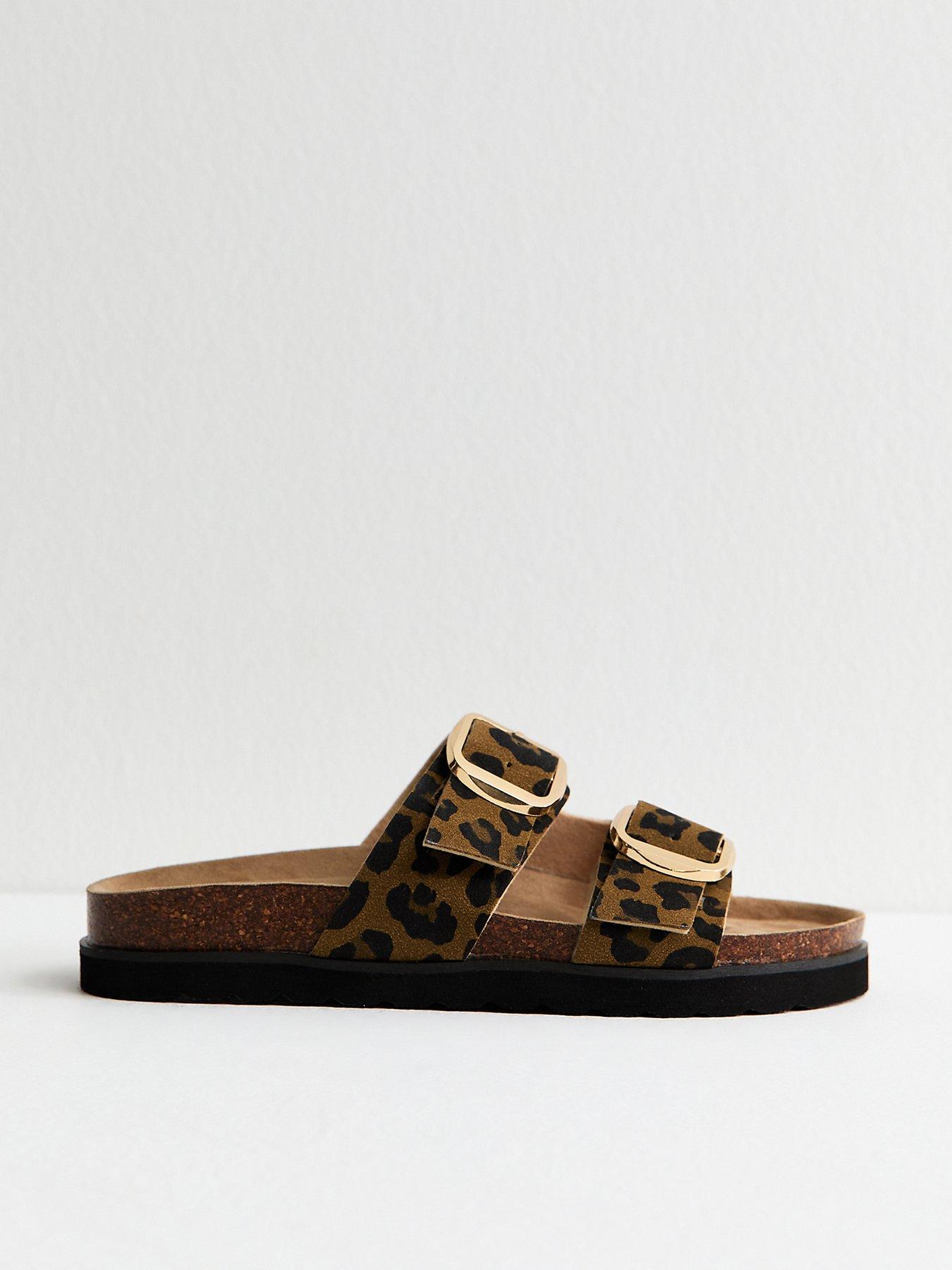 New Look Brown Animal Print Cork Sole Double Strap Mule Sandals - Brown