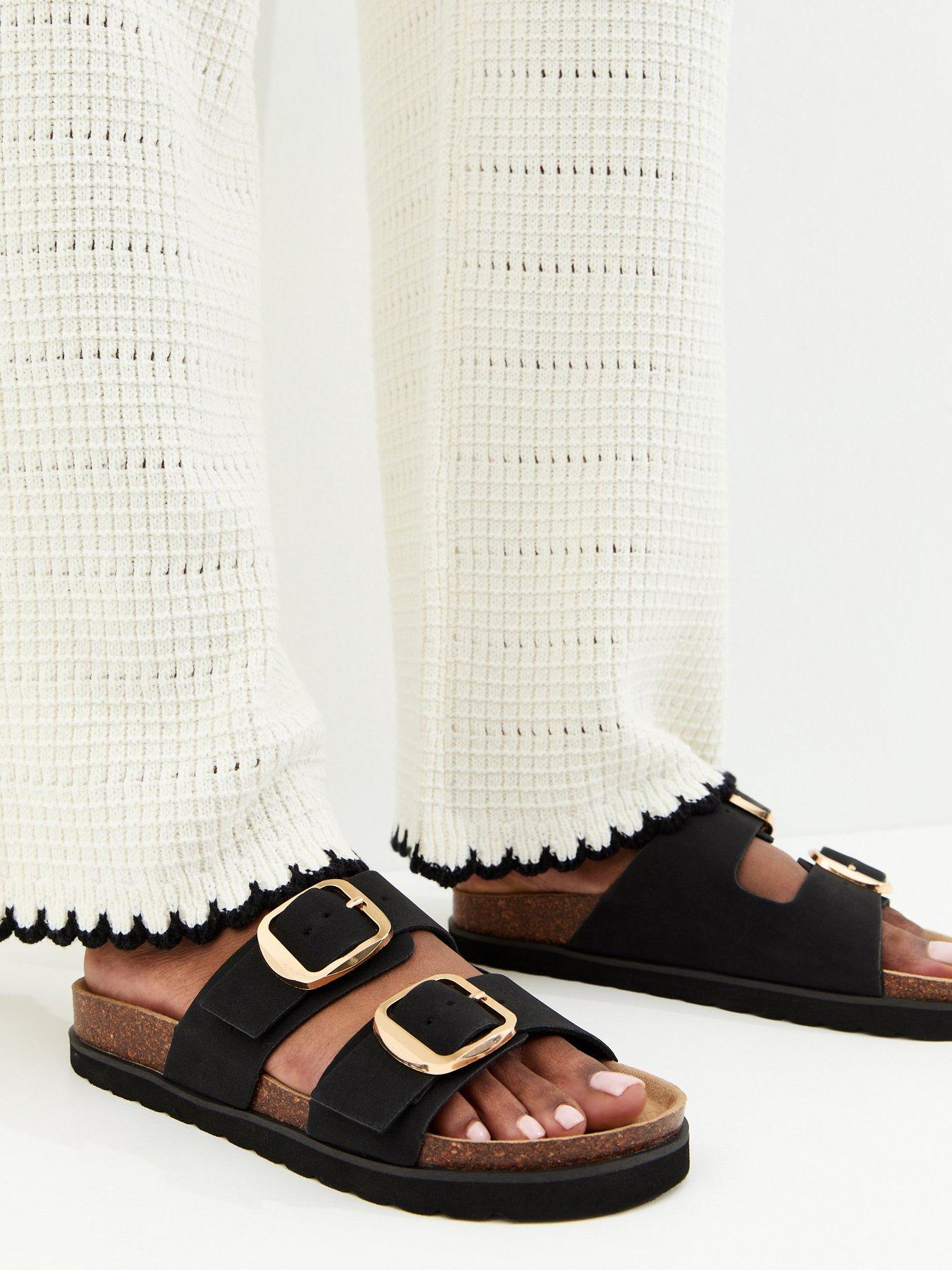 New Look Black Cork Sole Double Strap Mule Sandals