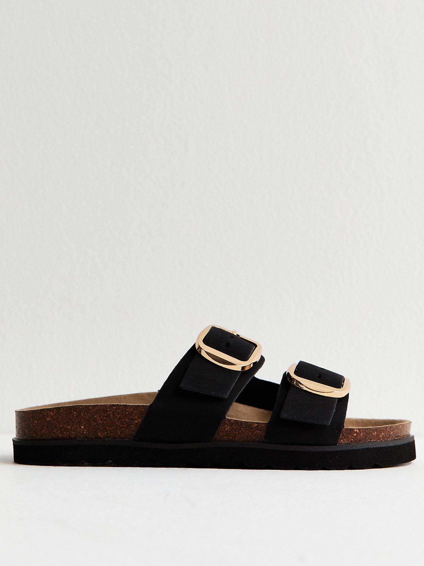 Image 2 of 5 of New Look Black Cork Sole Double Strap Mule Sandals