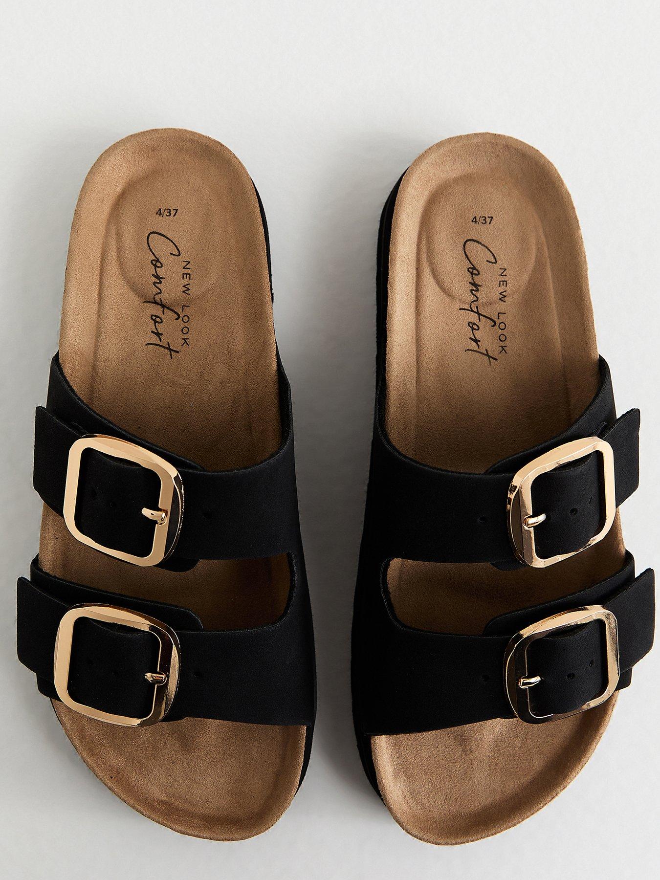 Image 4 of 5 of New Look Black Cork Sole Double Strap Mule Sandals