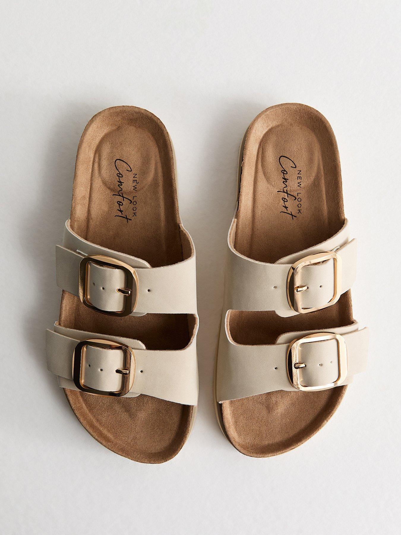 Image 4 of 6 of New Look Cork Sole Double Strap Mule Sandals - Off White
