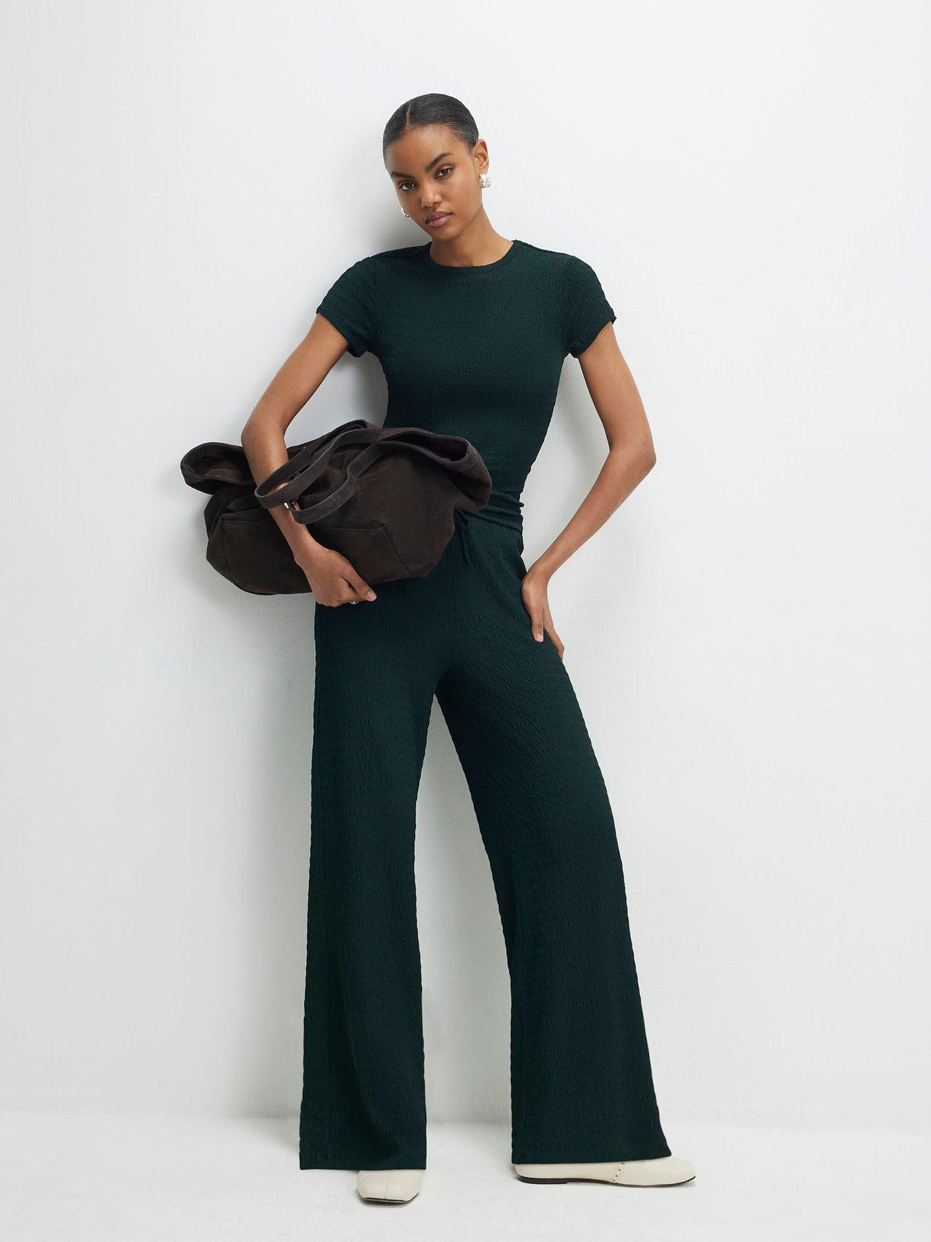 River Island Texture Wide Leg Trouser - Green