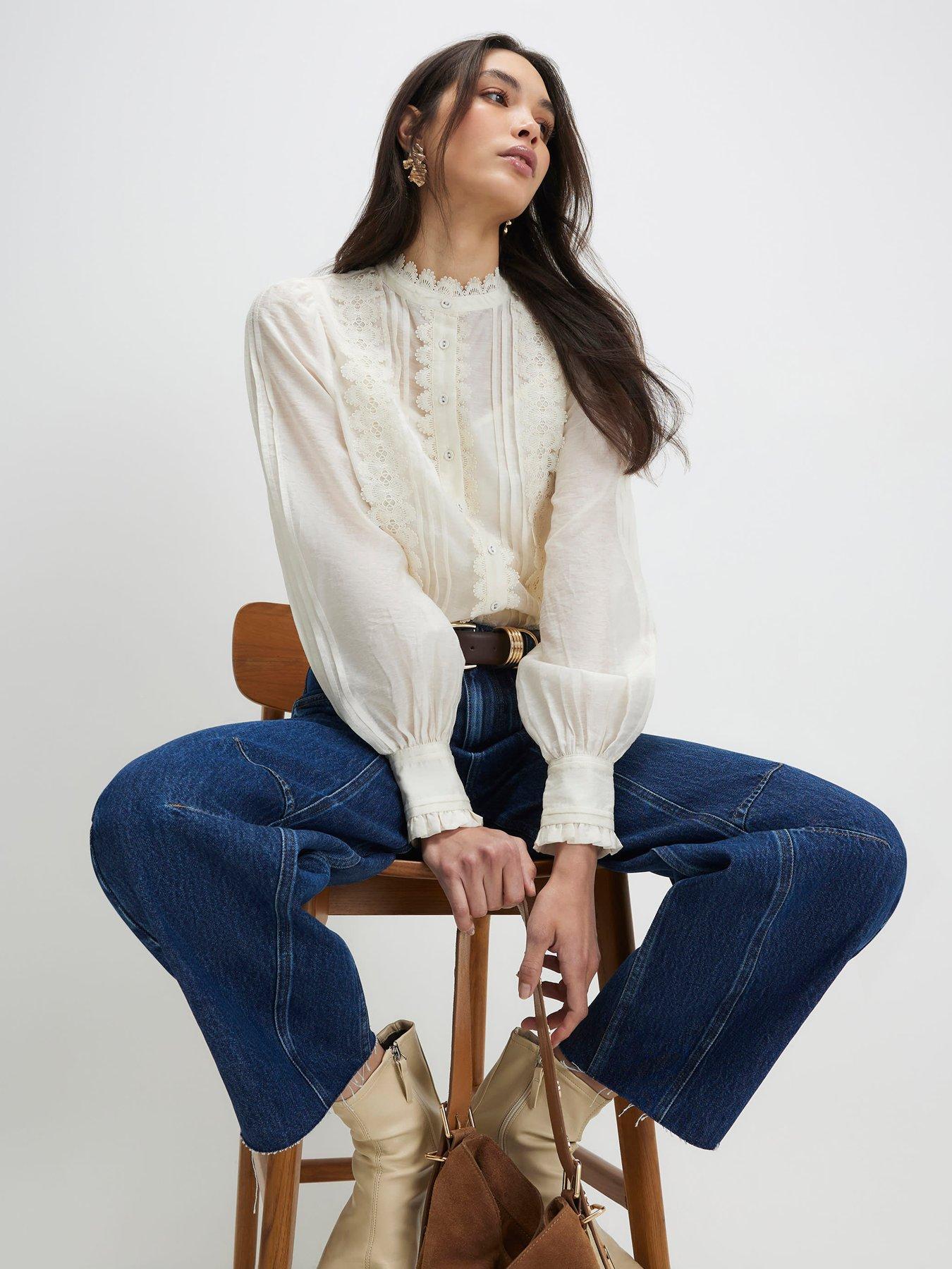 Image 1 of 4 of River Island Long Sleeve Broderie Shirt - White