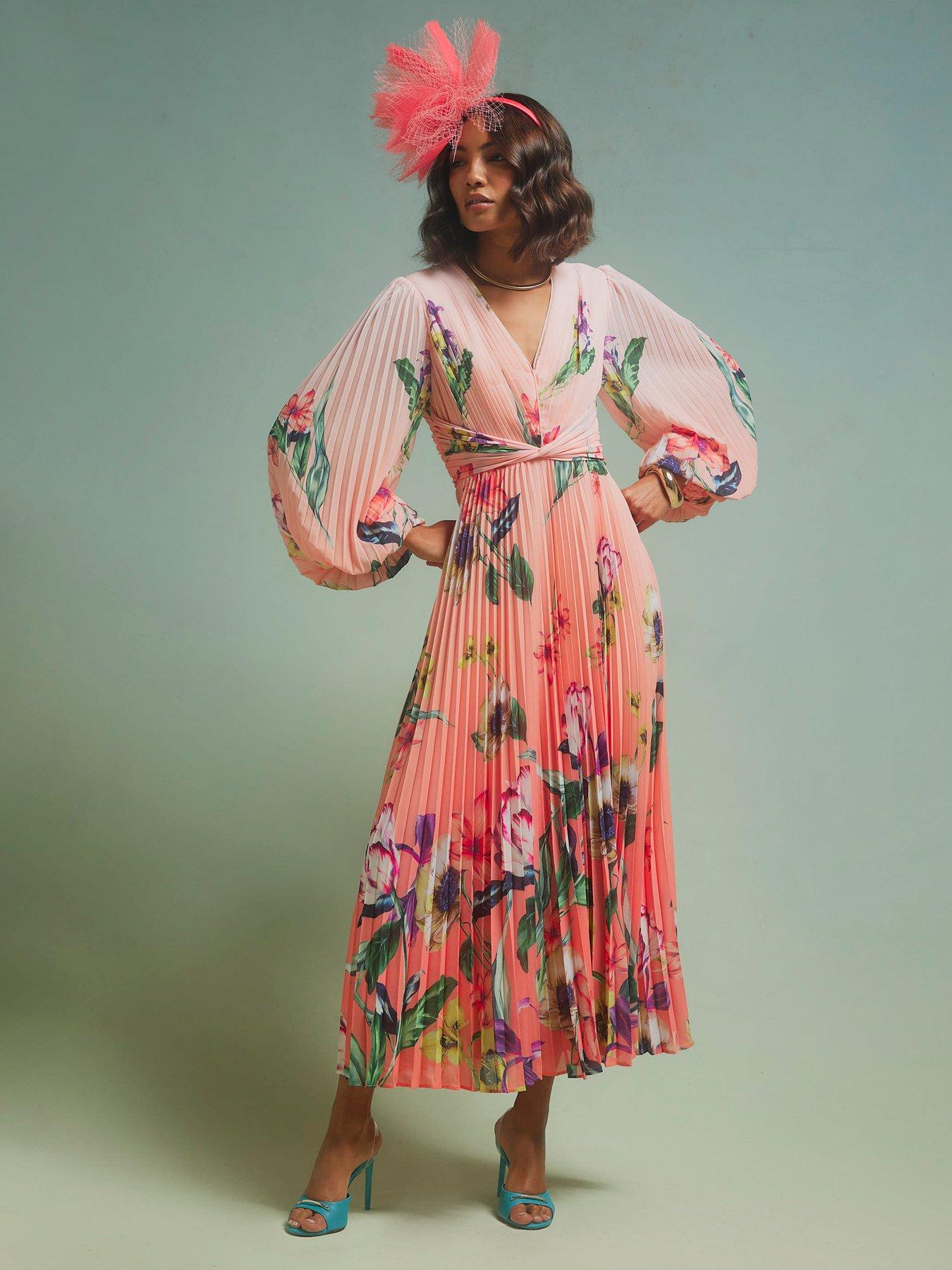 River Island Premium Plisse Floral Midi Dress - Pink