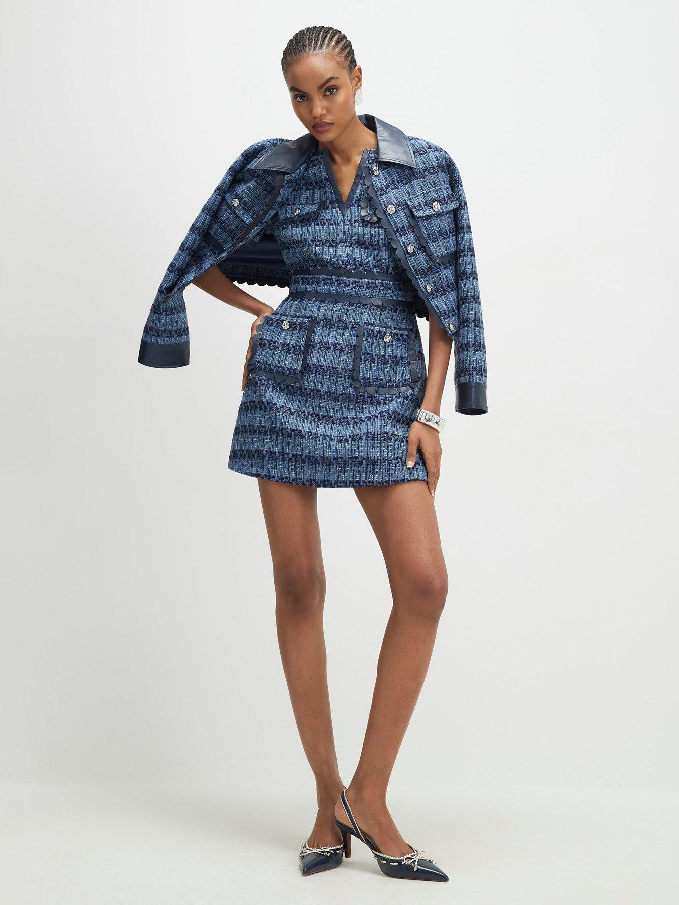 River Island Faux Leather Scallop Boucle Mini Dress - Blue