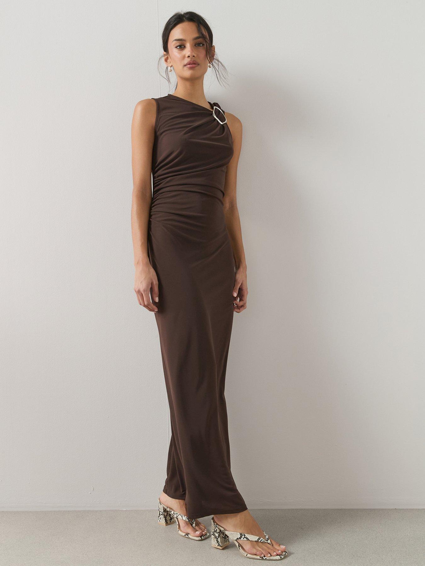 The Very Collection Trim Detail Ruched Maxi Dress - Brown