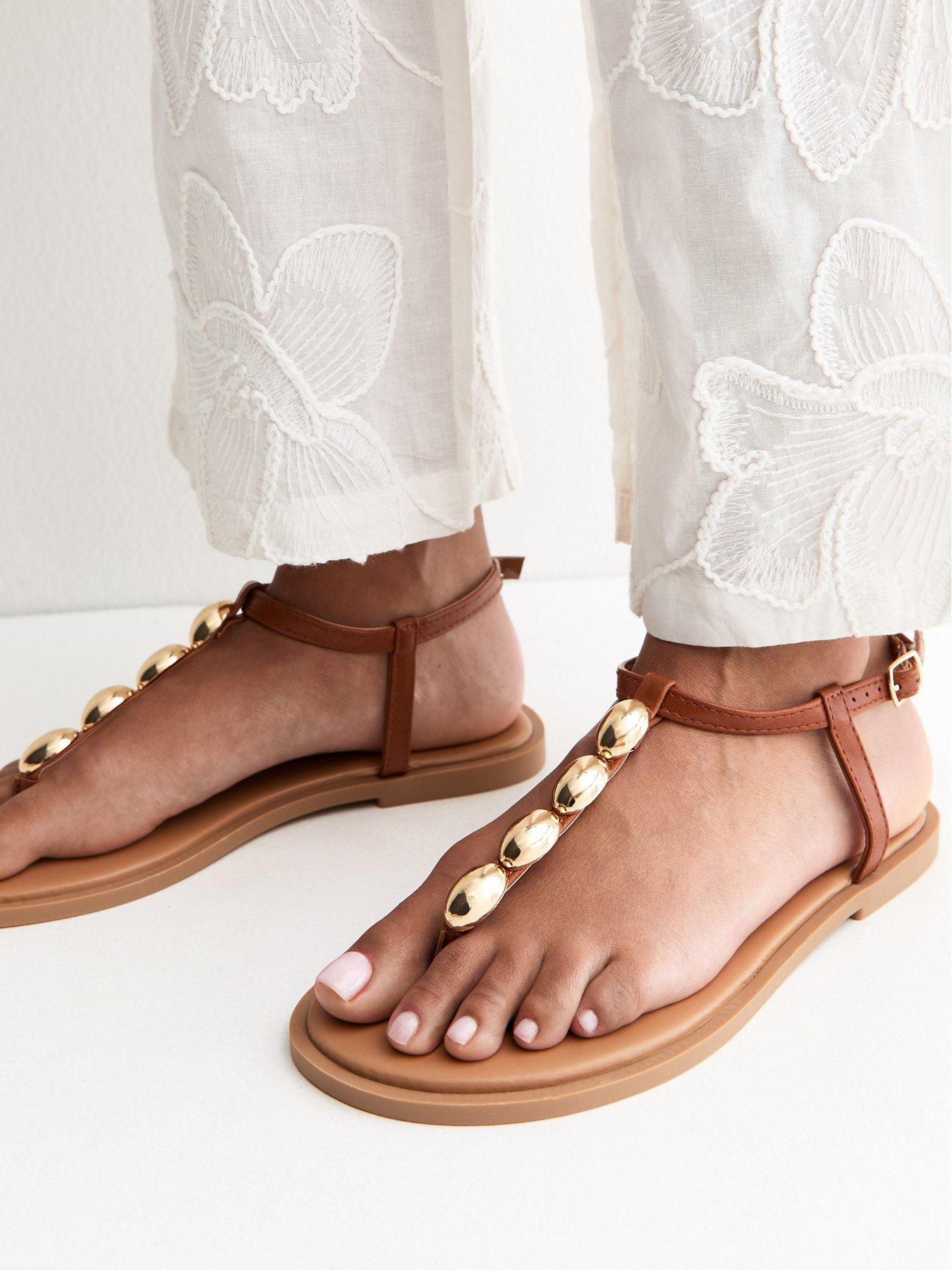 New Look Wide Fit Tan Faux Leather Metal Toe Post Sandals