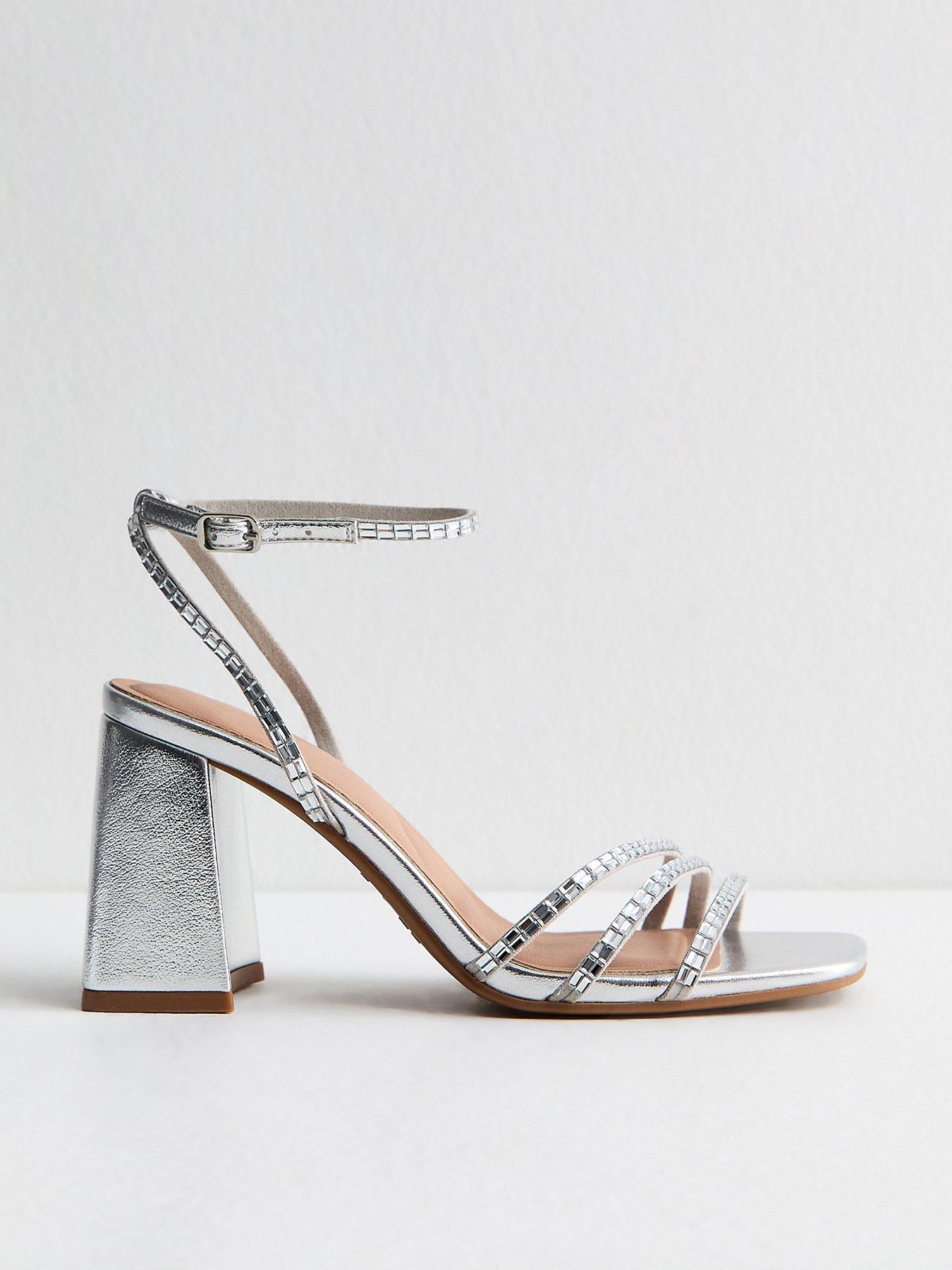 Image 1 of 6 of New Look Embellished Strappy Block Heel Sandals - Silver