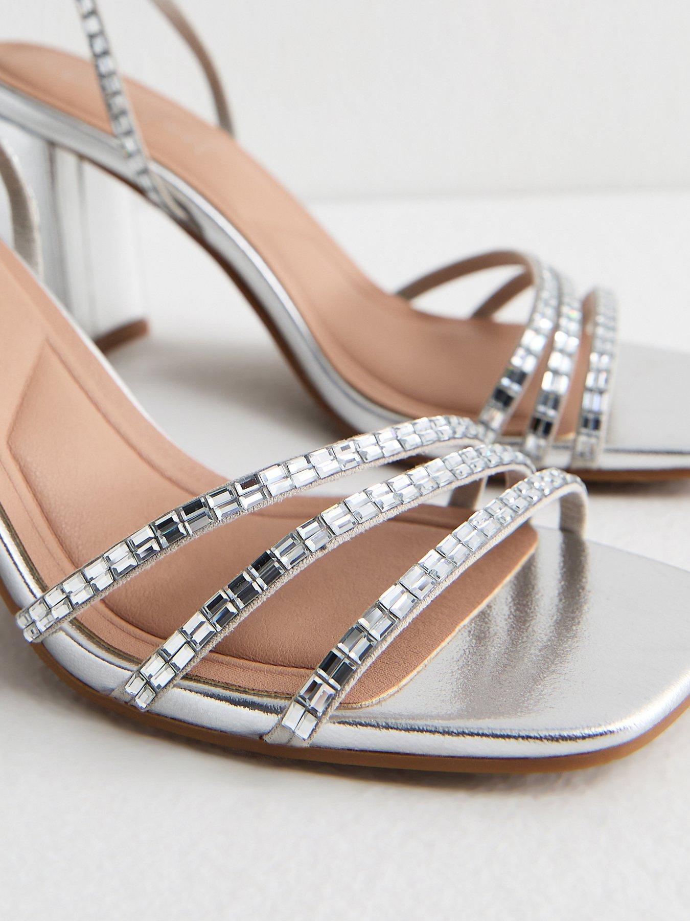 Image 5 of 6 of New Look Embellished Strappy Block Heel Sandals - Silver