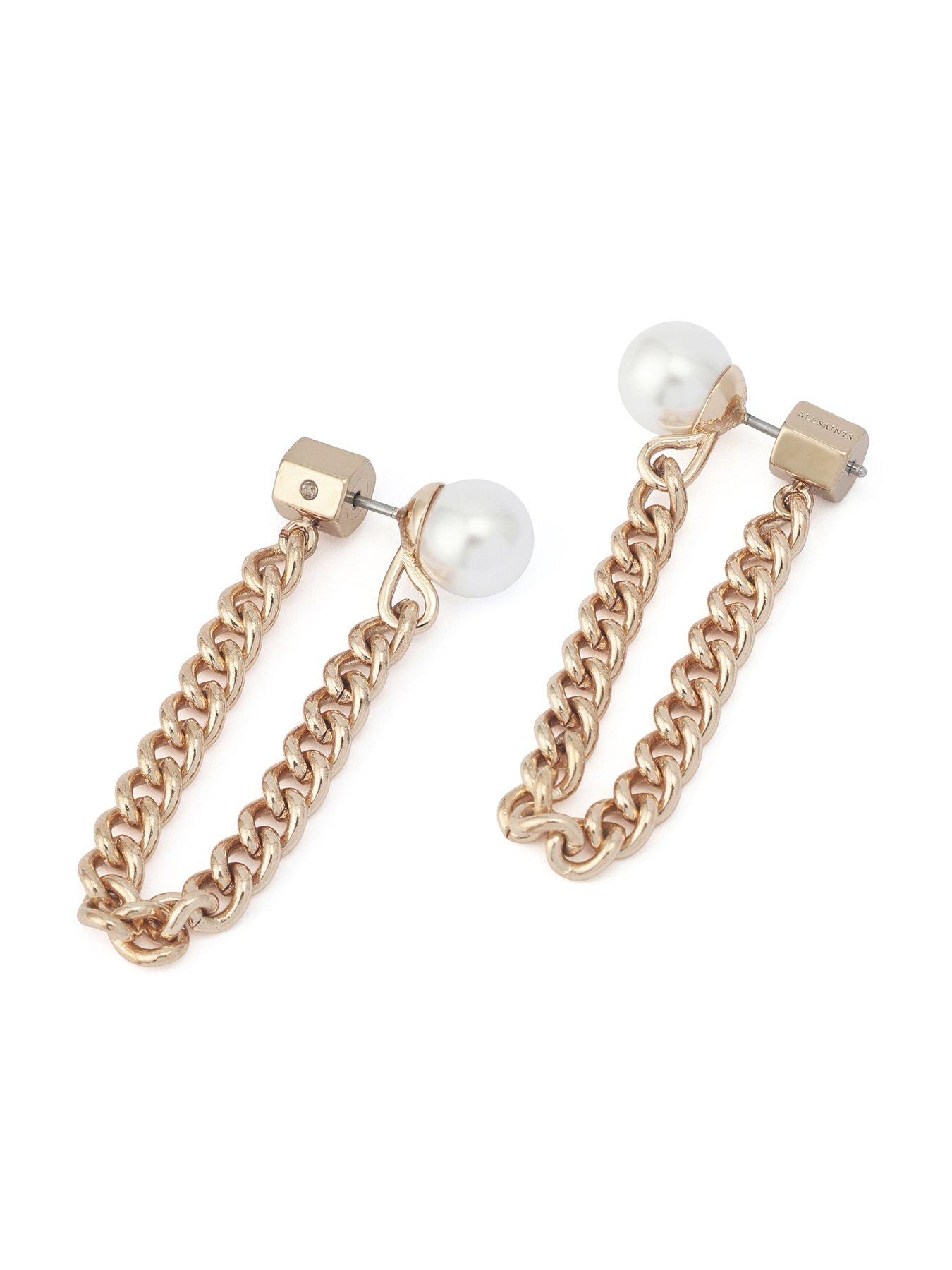 Image 4 of 4 of AllSaints Pearl Chain Front Back Earrings - Gold