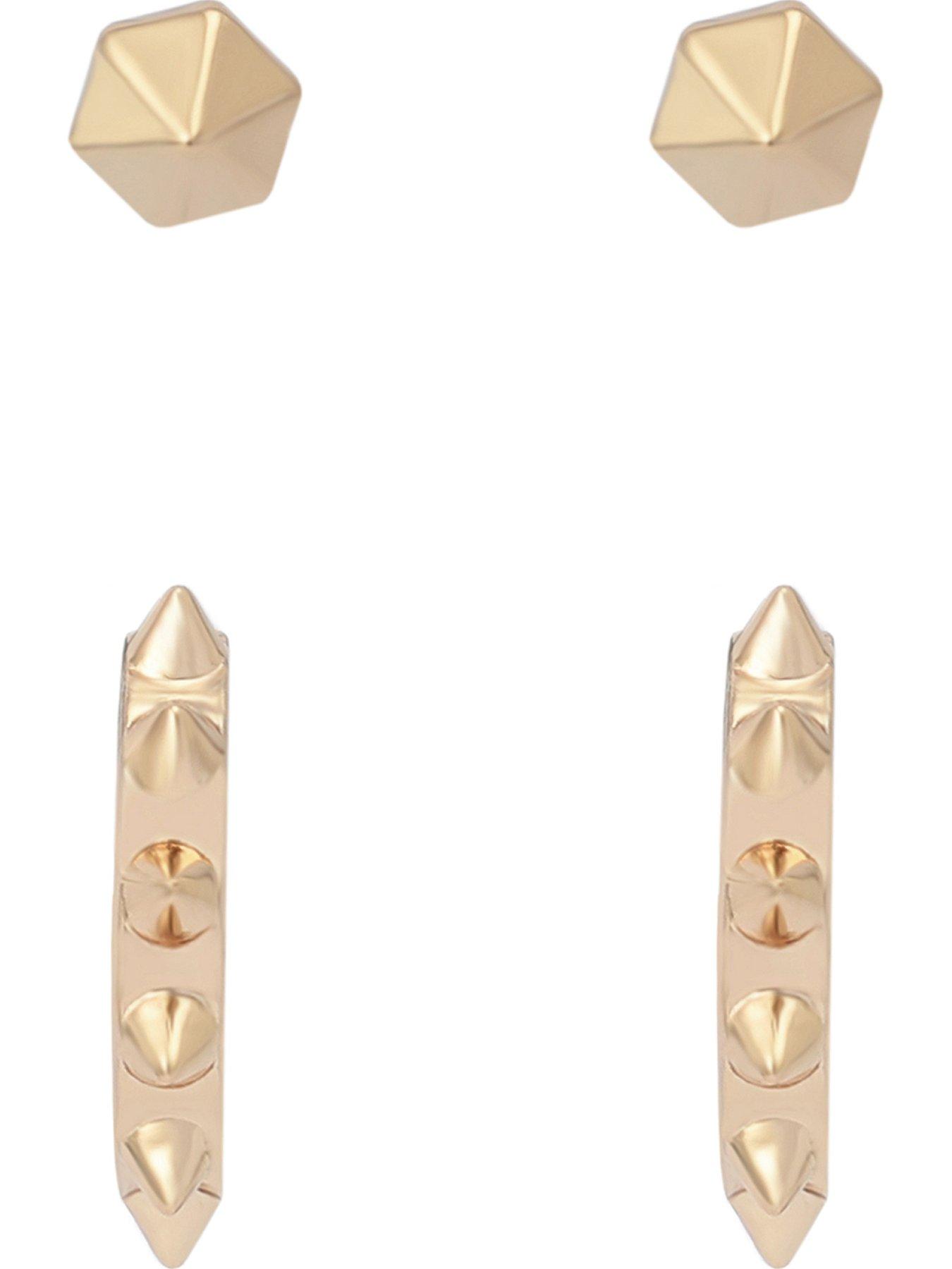 Image 3 of 4 of AllSaints Spike Stud Huggie Earrings Set - Gold