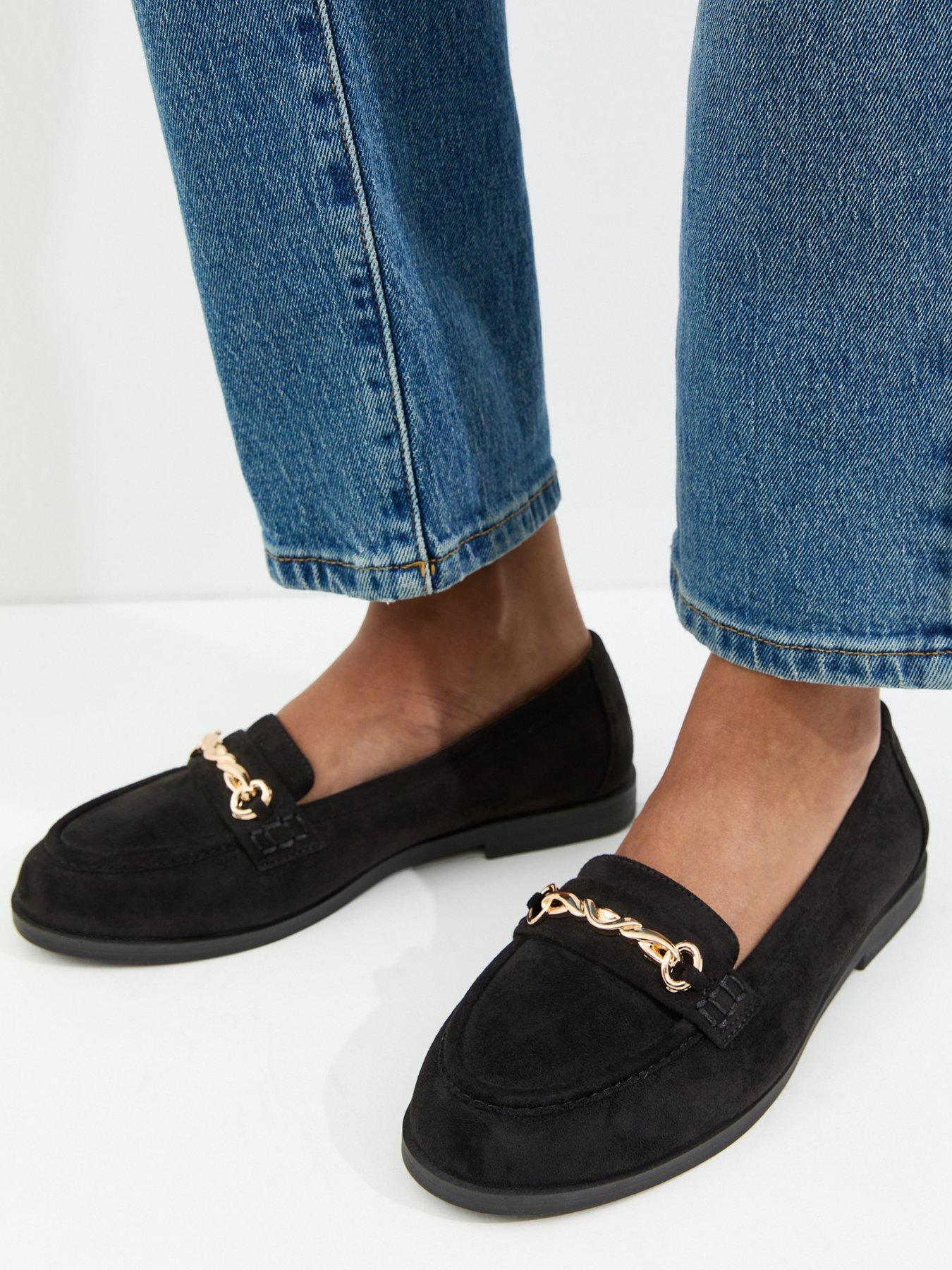 Image 1 of 5 of New Look Wide Fit Black Faux Suede Chain Loafers - Black