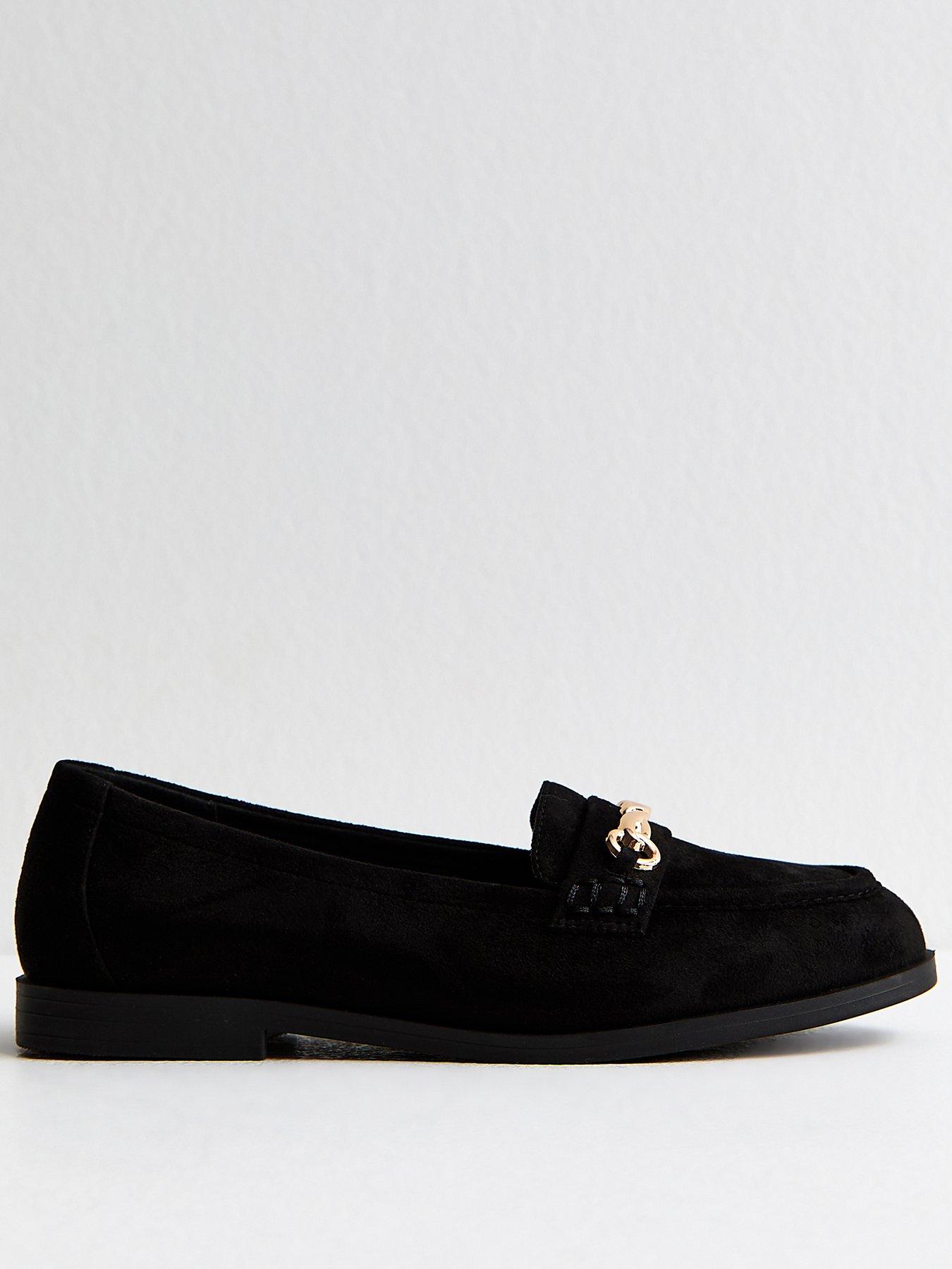 Image 2 of 5 of New Look Wide Fit Black Faux Suede Chain Loafers - Black