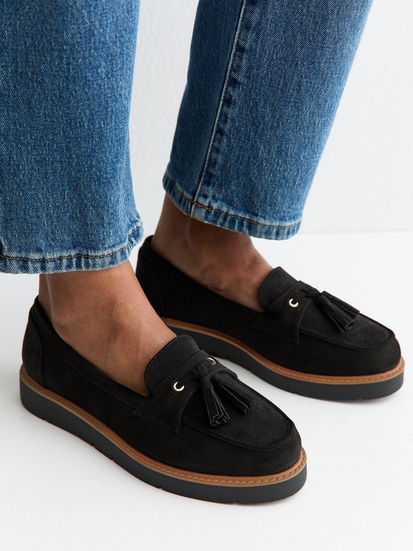 Image 1 of 5 of New Look Wide Fit Black Faux Suede Flatform Loafers