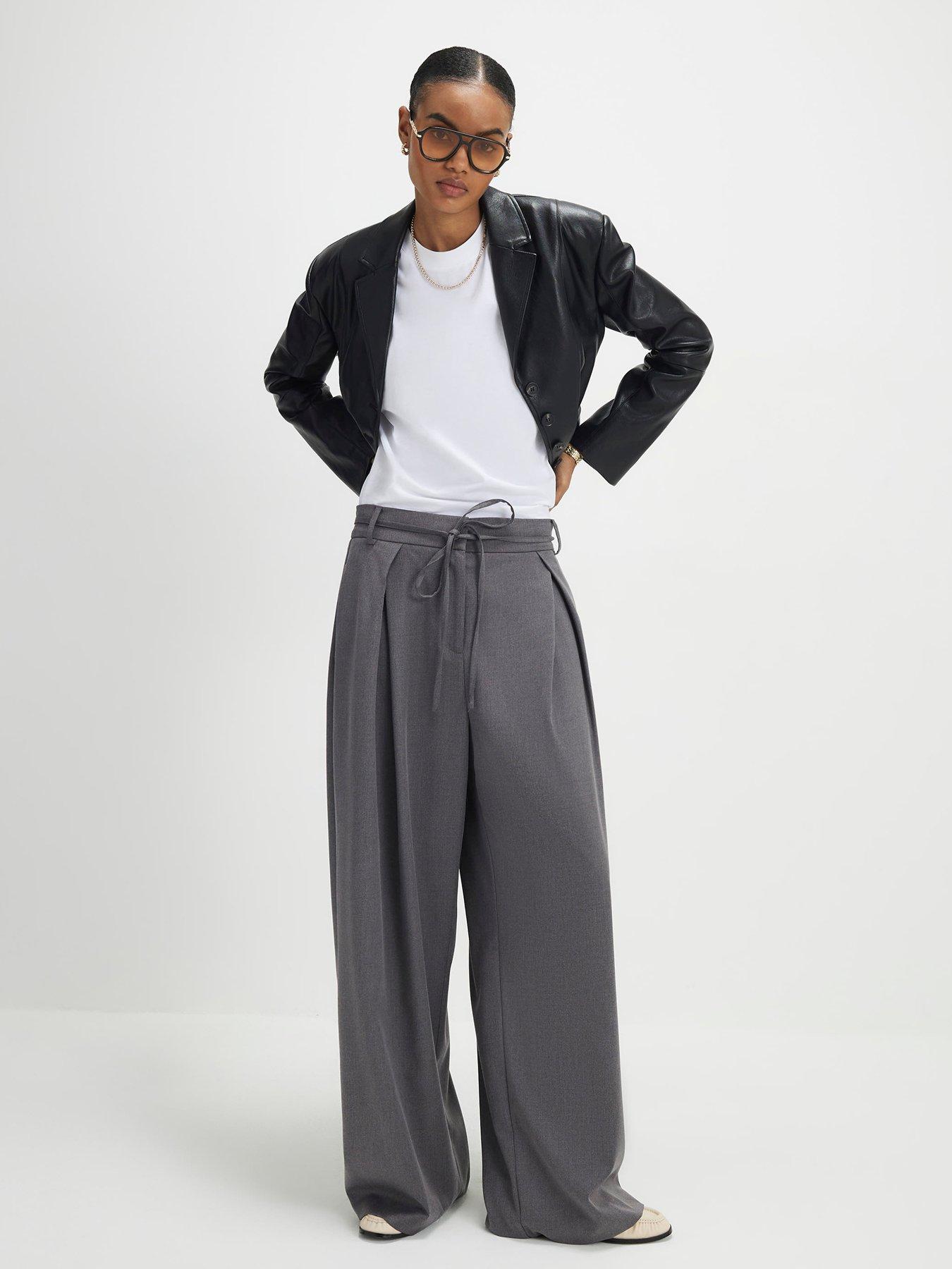 River Island Tie Front High Waisted Trouser - Grey