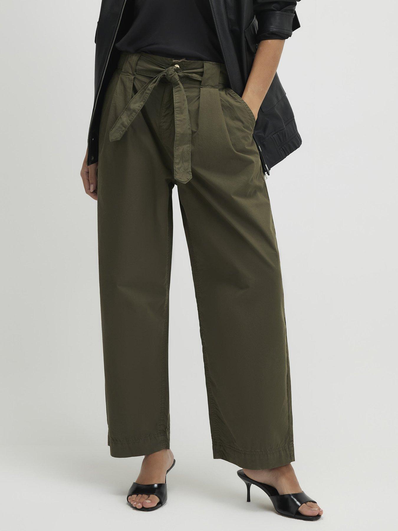 Image 1 of 4 of River Island Belted Wide Leg Trousers - Khaki Green