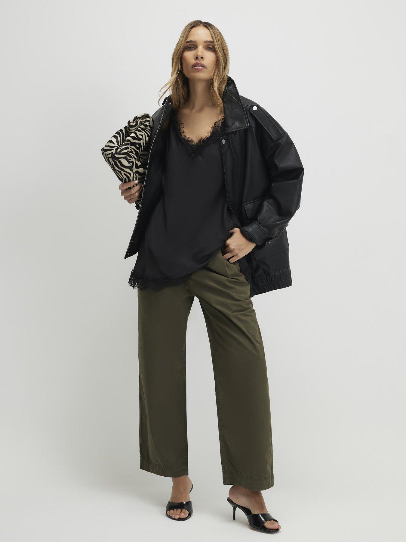 Image 3 of 4 of River Island Belted Wide Leg Trousers - Khaki Green