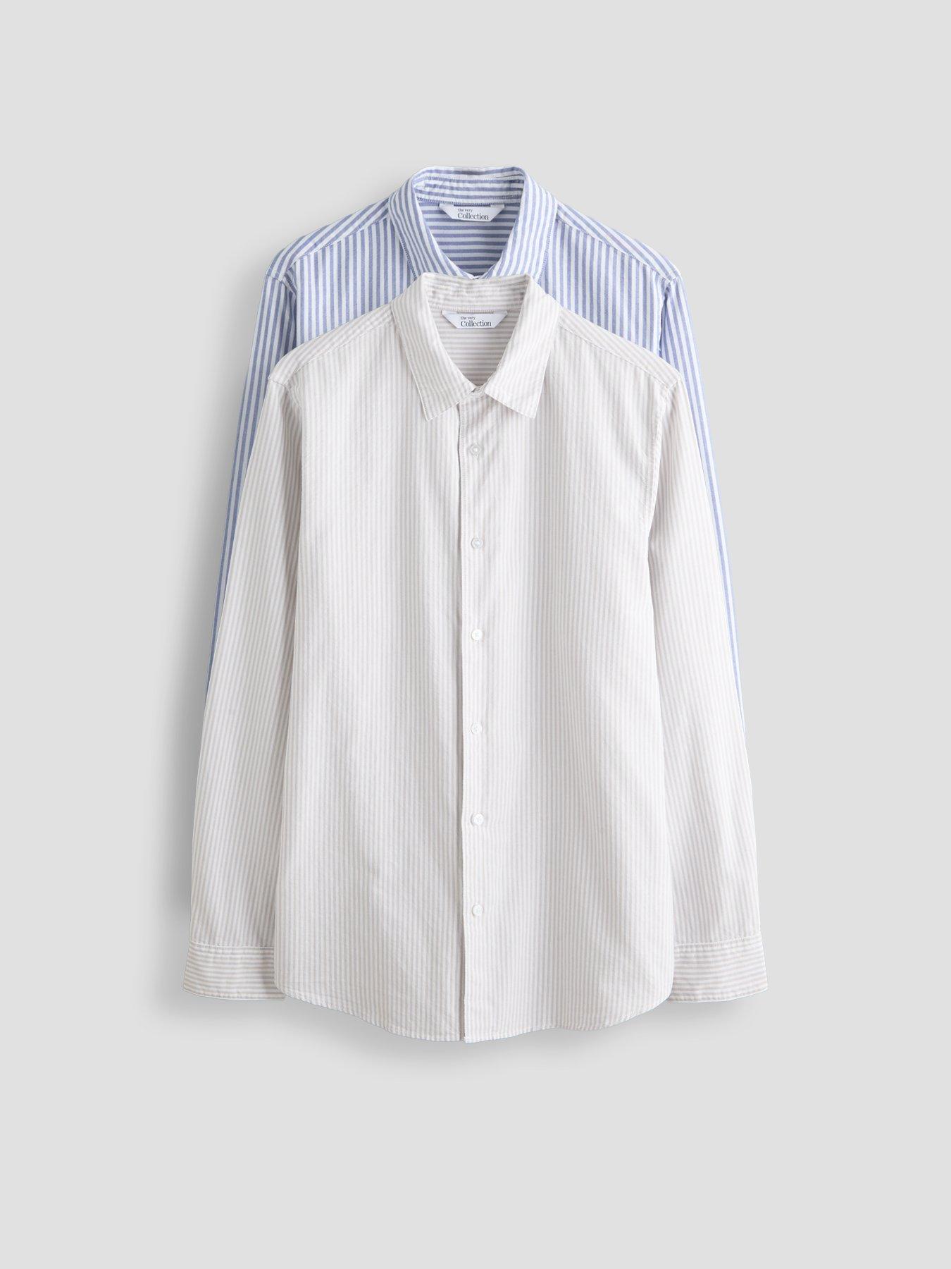 Image 1 of 7 of The Very Collection 2 Pack Striped Long Sleeve Oxford Shirt - Blue/Beige