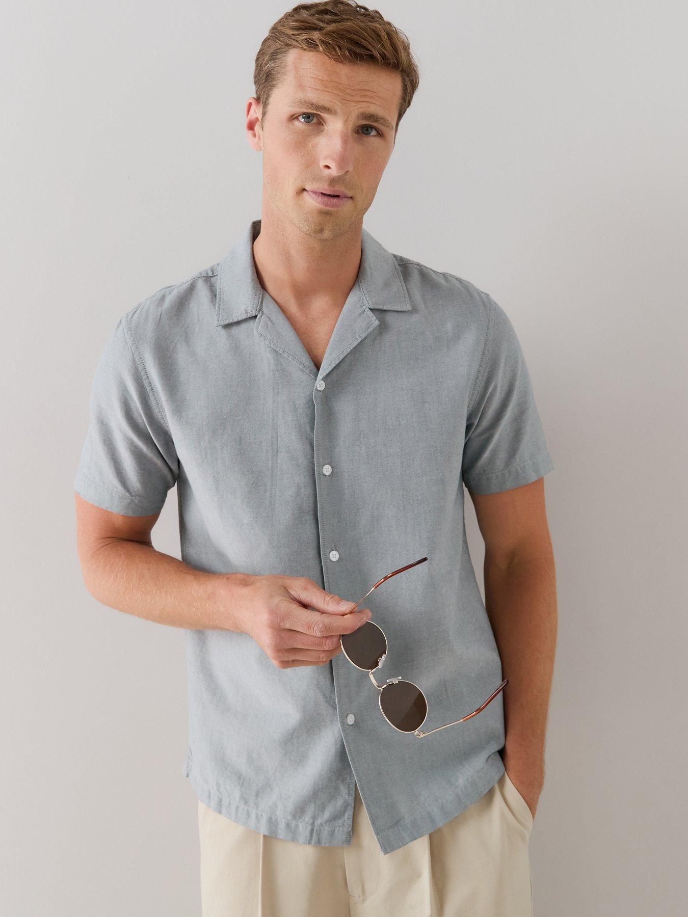 The Very Collection Short Sleeve Revere Collar Oxford Shirt - Green Marl