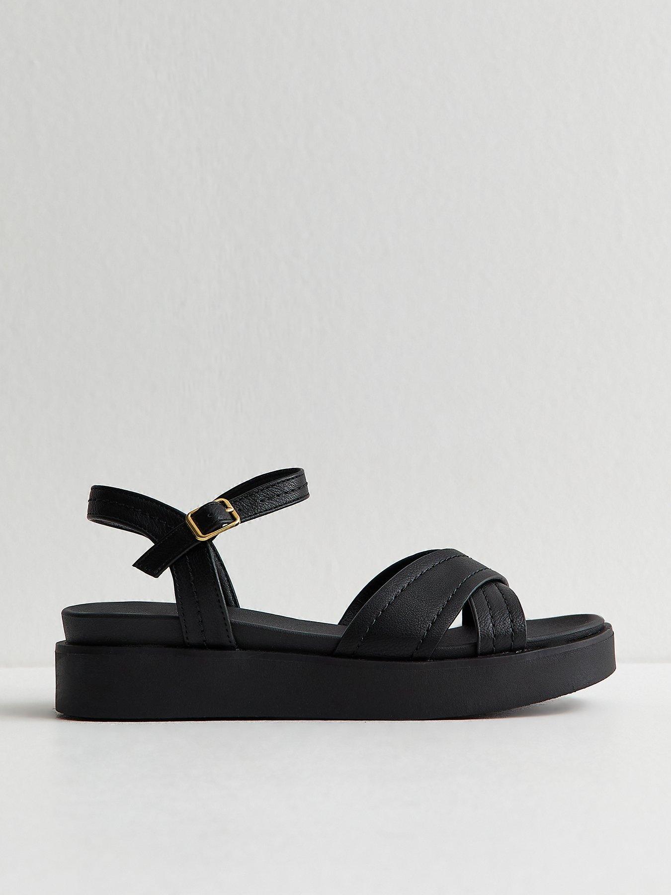 Image 1 of 6 of New Look Faux Leather Cross Over Flatform Sandals - Black&nbsp;