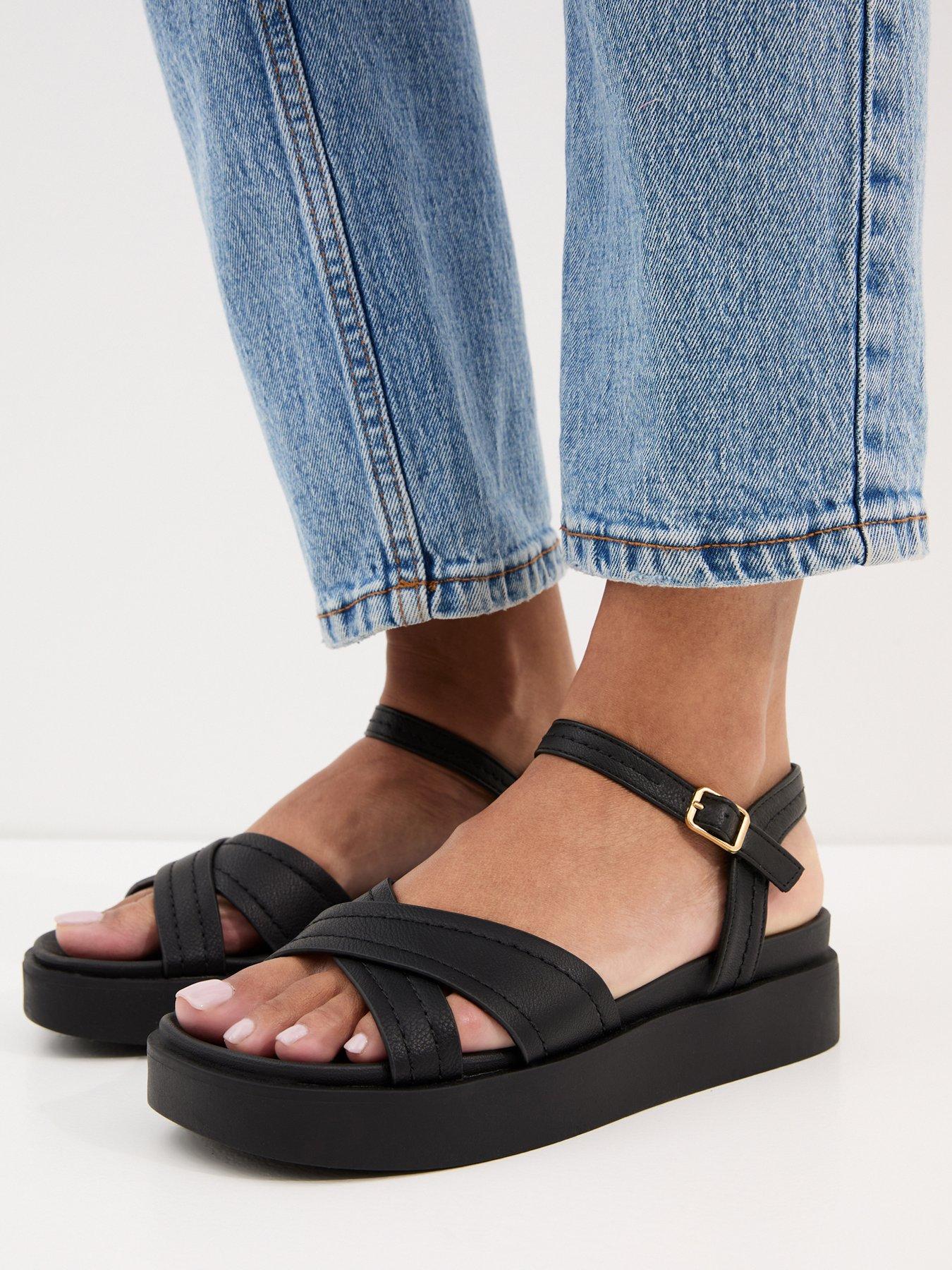Image 2 of 6 of New Look Faux Leather Cross Over Flatform Sandals - Black&nbsp;