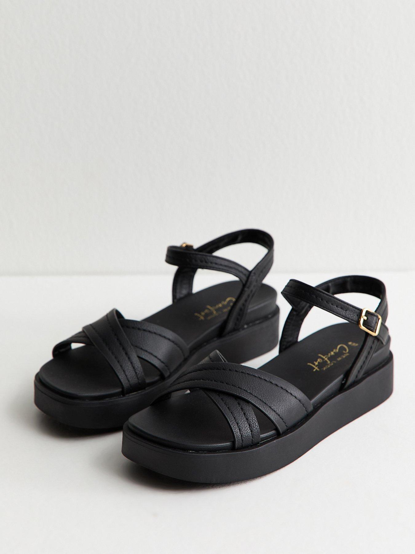Image 3 of 6 of New Look Faux Leather Cross Over Flatform Sandals - Black&nbsp;