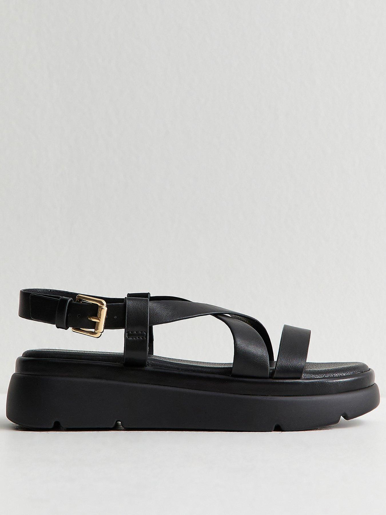 New Look Faux Leather Crossover Strap Flatform Sandals - Black