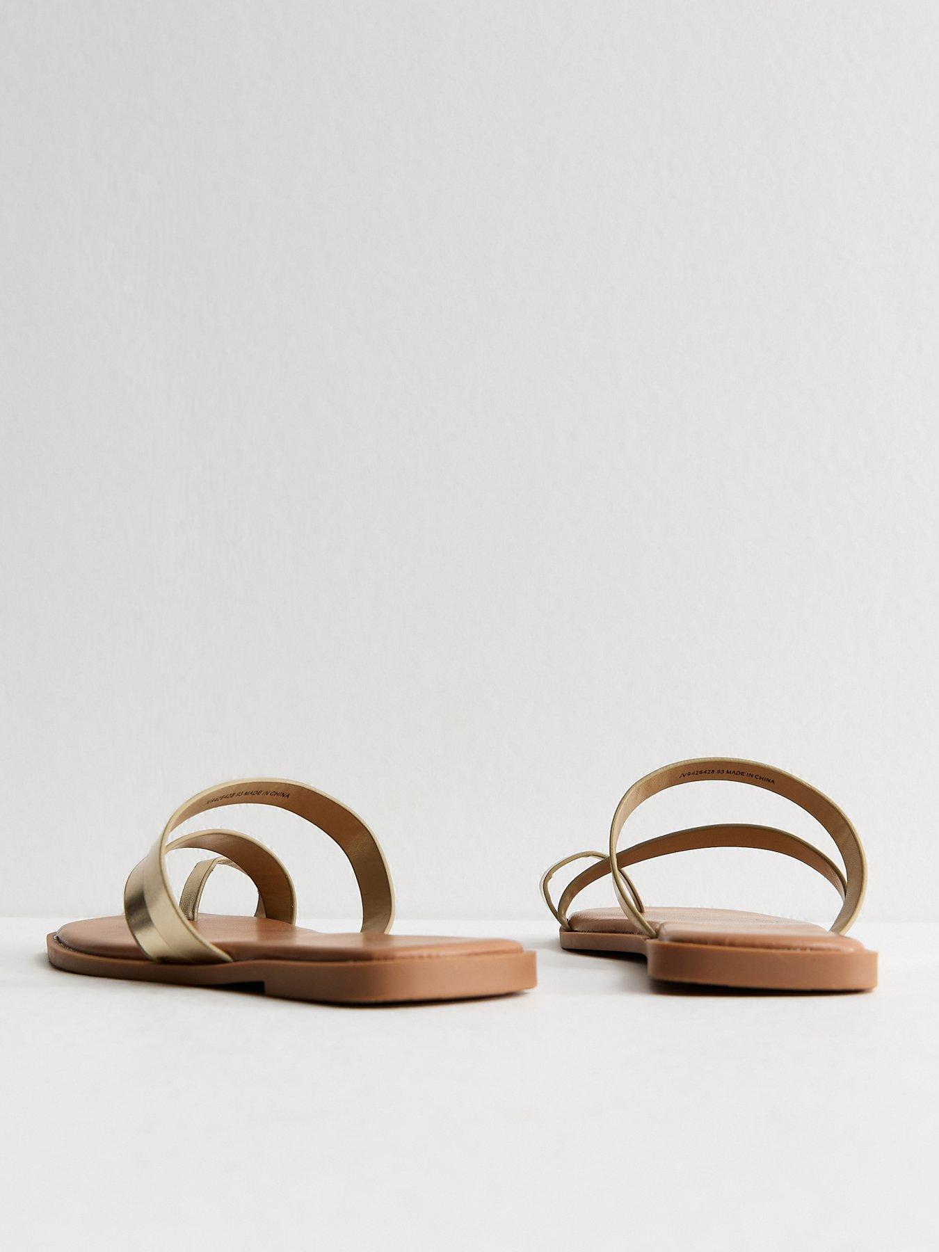 Image 3 of 5 of New Look Faux Leather Multi Strap Toe Post Sandals - Gold