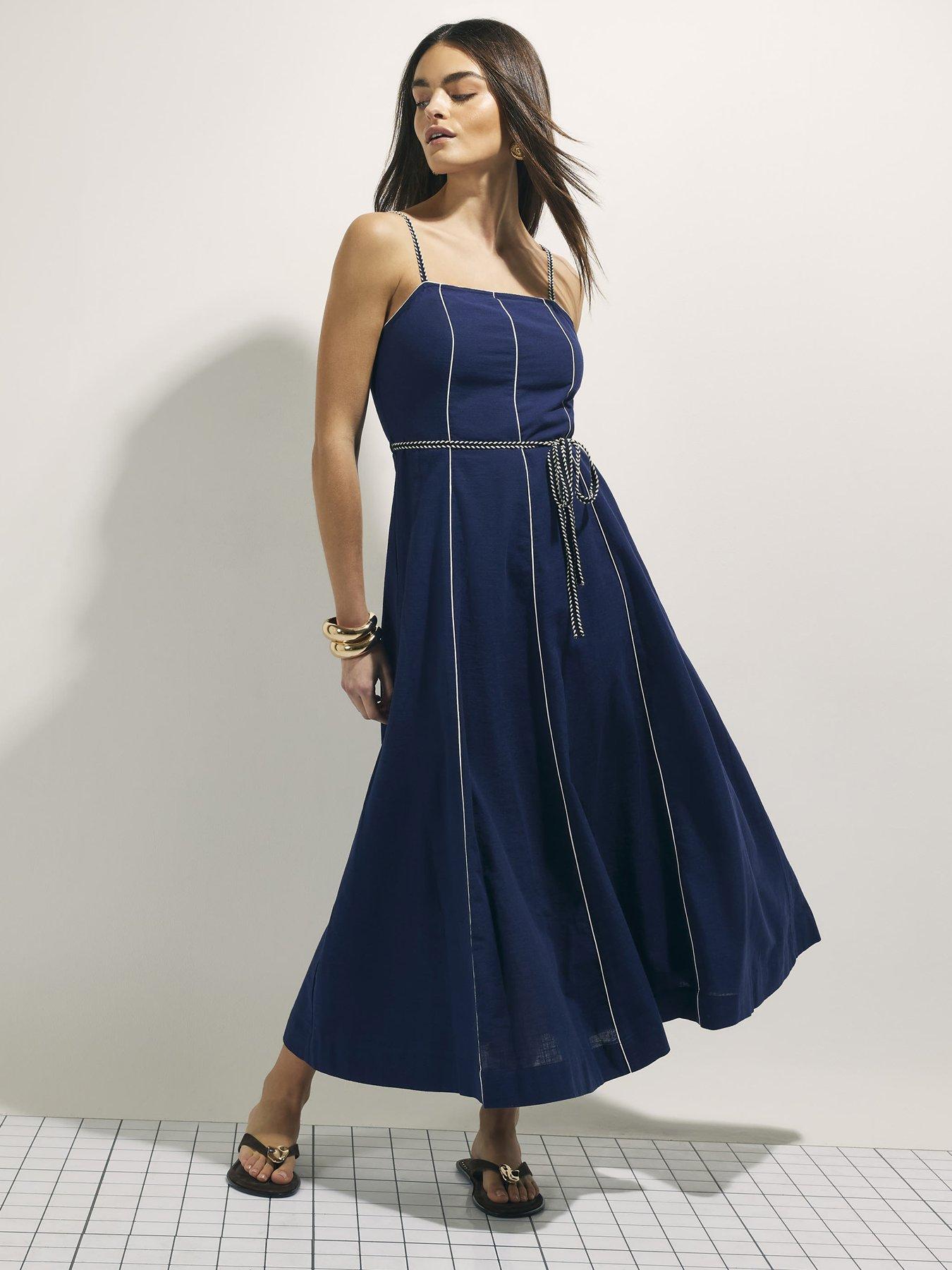 River Island Piped Rope Belt Midi Dress - Blue