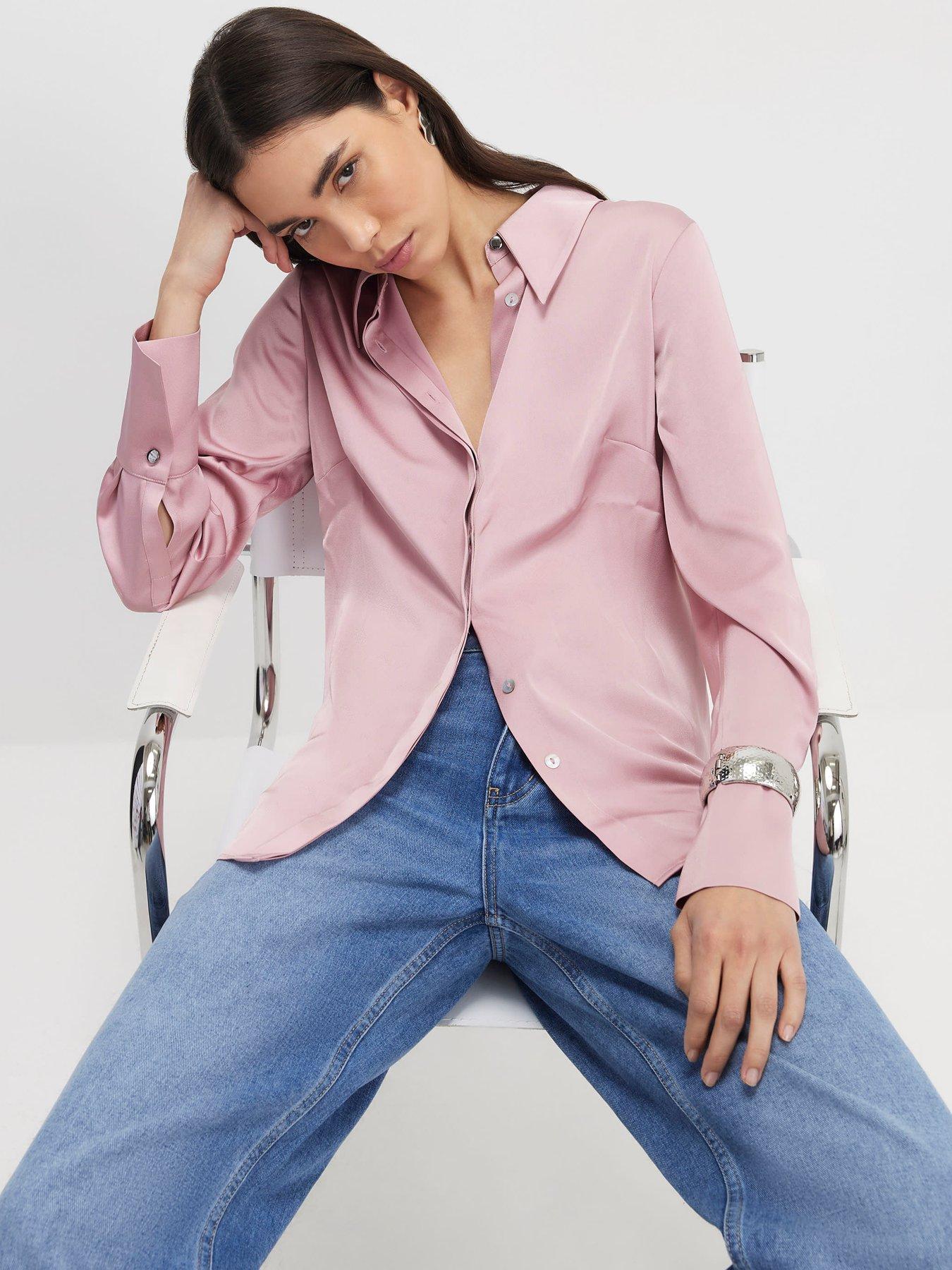 River Island Long Sleeve Slimline Satin Shirt - Pink