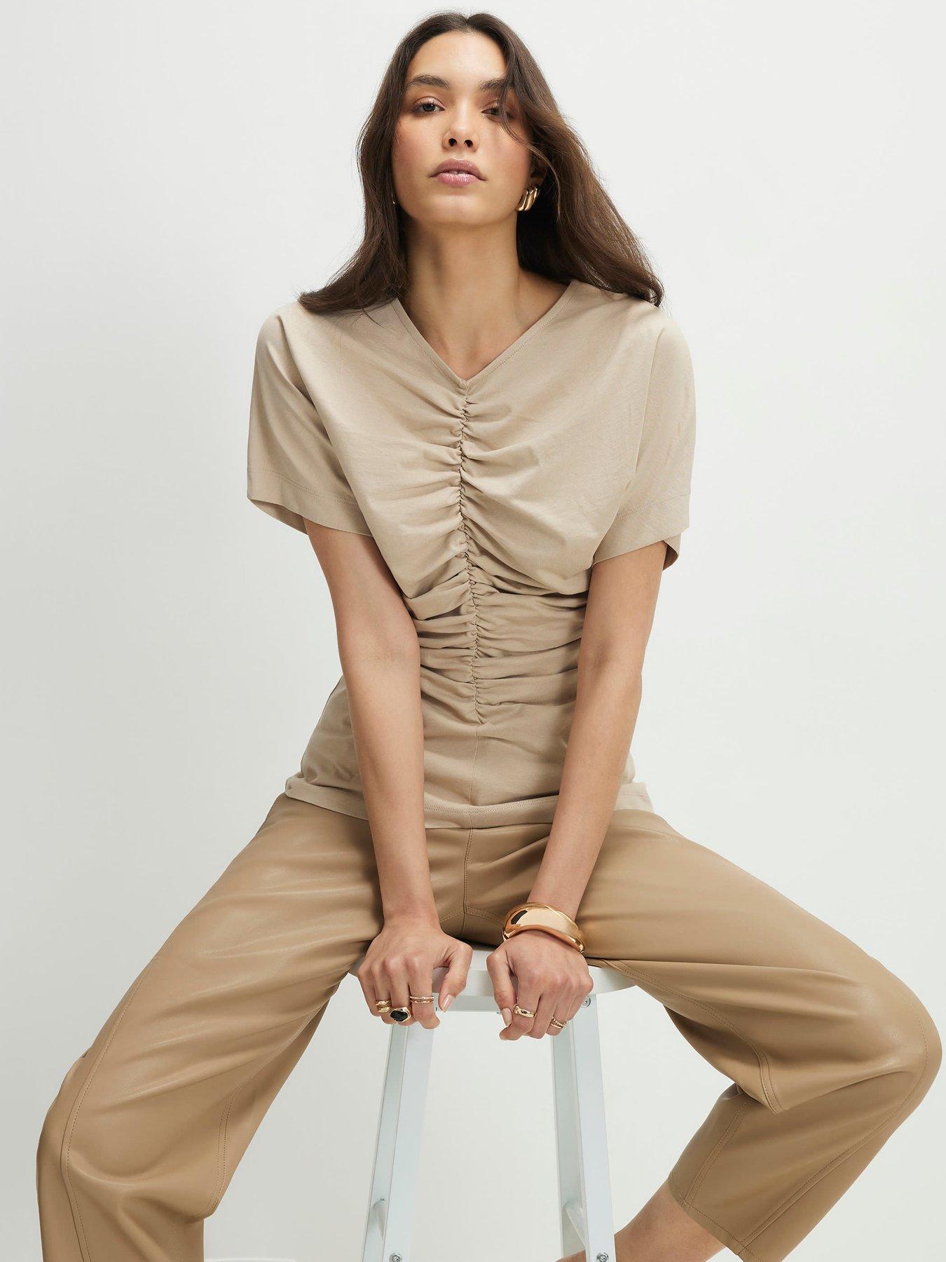 river-island-short-sleeve-ruched-front-t-shirt-beige