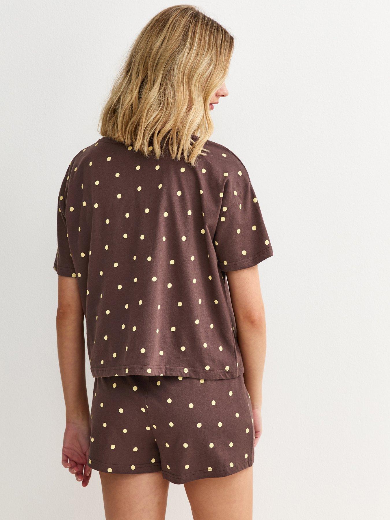 Image 2 of 5 of New Look Polka Dot Top And Shorts Pyjama Set - Brown