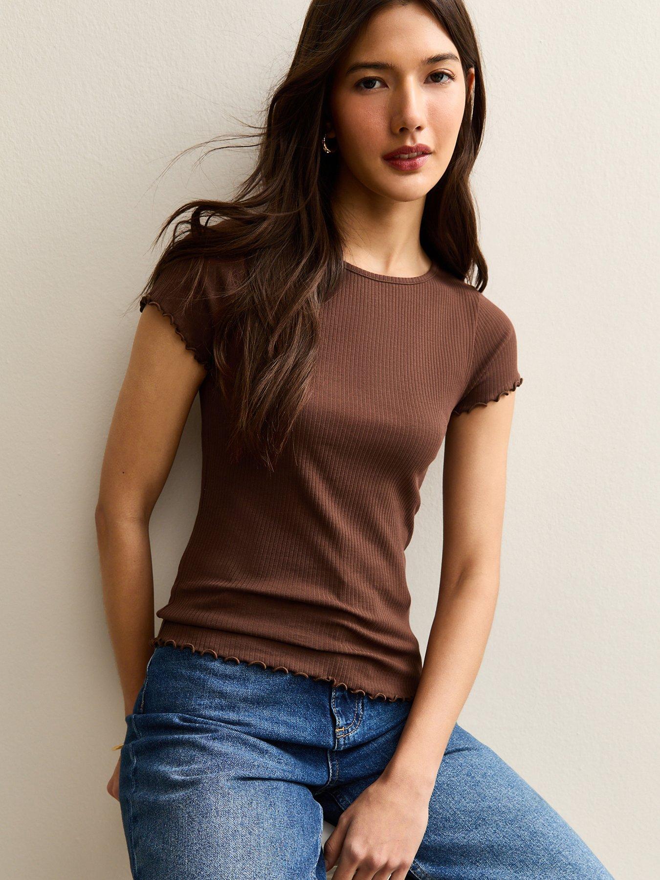 new-look-short-sleeve-frilly-trimmed-top-dark-brownfront